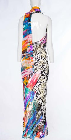 Robe de soirée Diane Freis des années 2000 à imprimé mixte effet brûlé velours à col bénitier