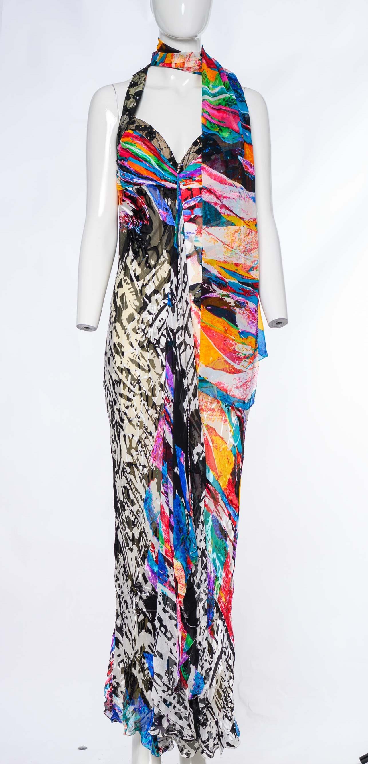 2000s Diane Freis Mixed Print Burnout Velvet Effect Halterneck Evening Dress In Excellent Condition For Sale In Hong Kong, HK
