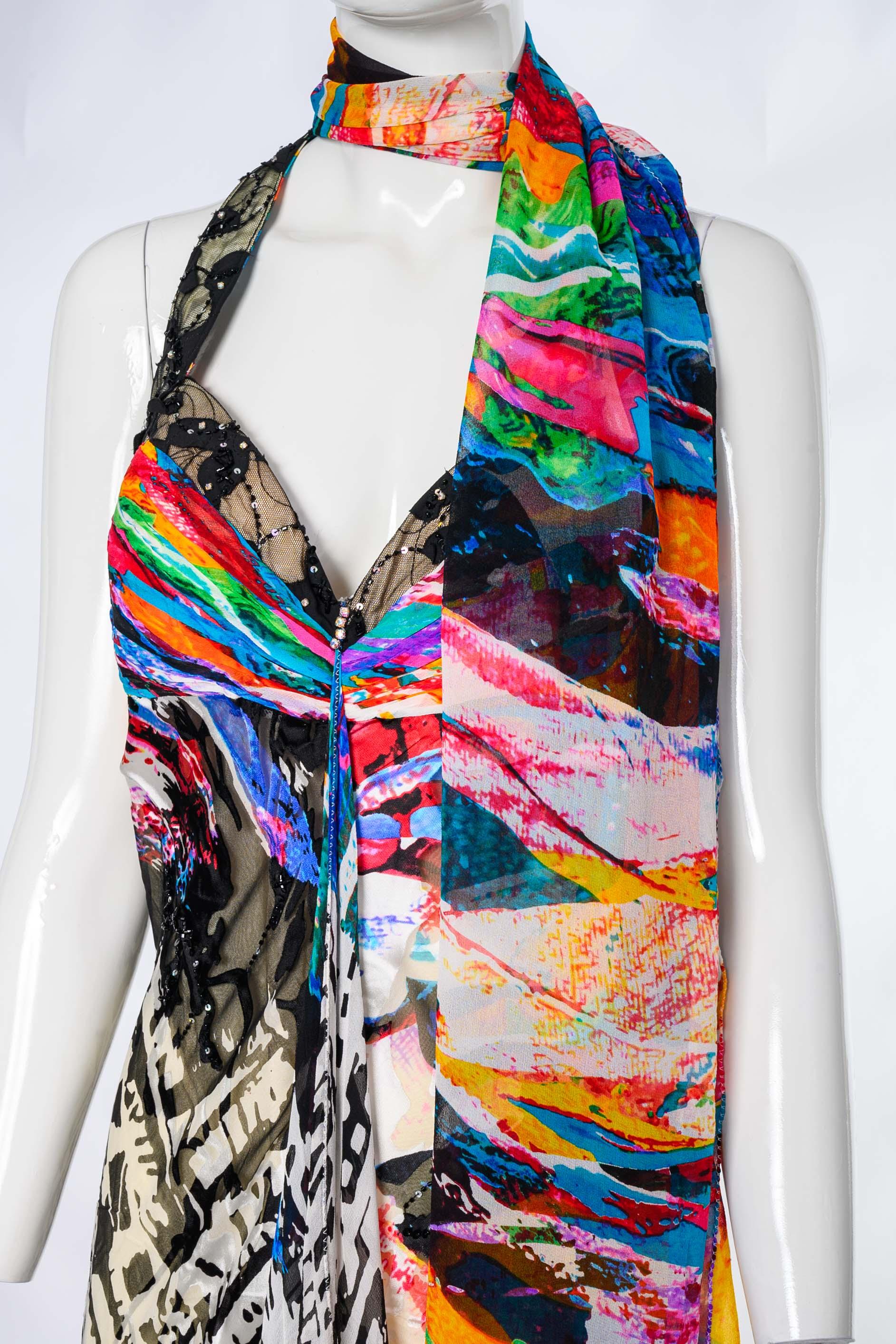 Women's 2000s Diane Freis Mixed Print Burnout Velvet Effect Halterneck Evening Dress For Sale