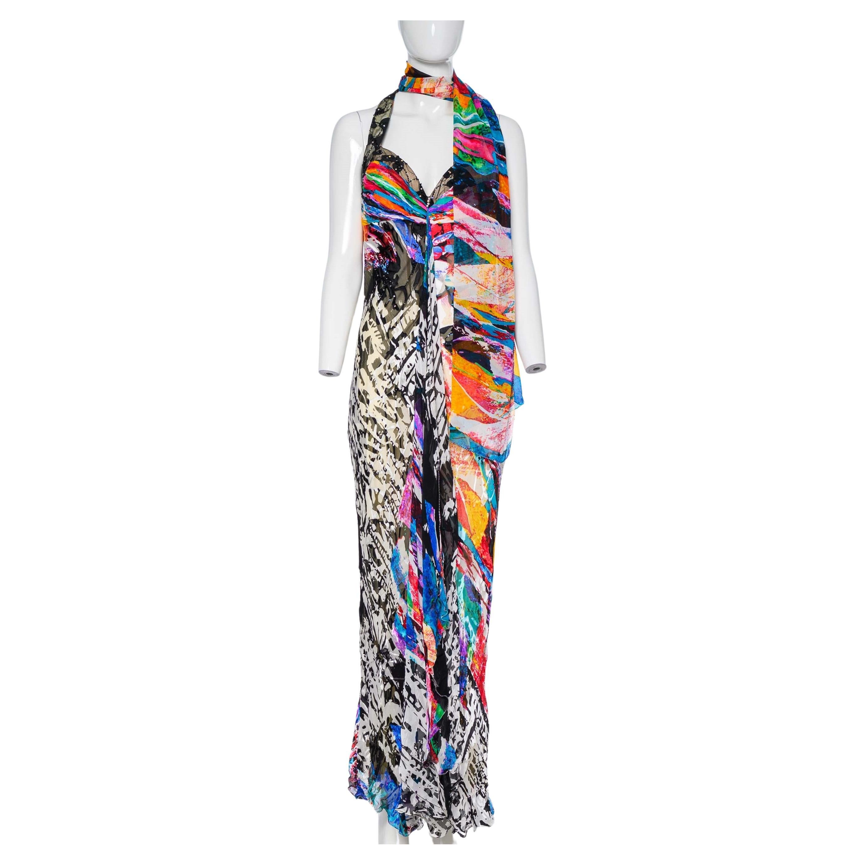 2000s Diane Freis Mixed Print Burnout Velvet Effect Halterneck Evening Dress For Sale