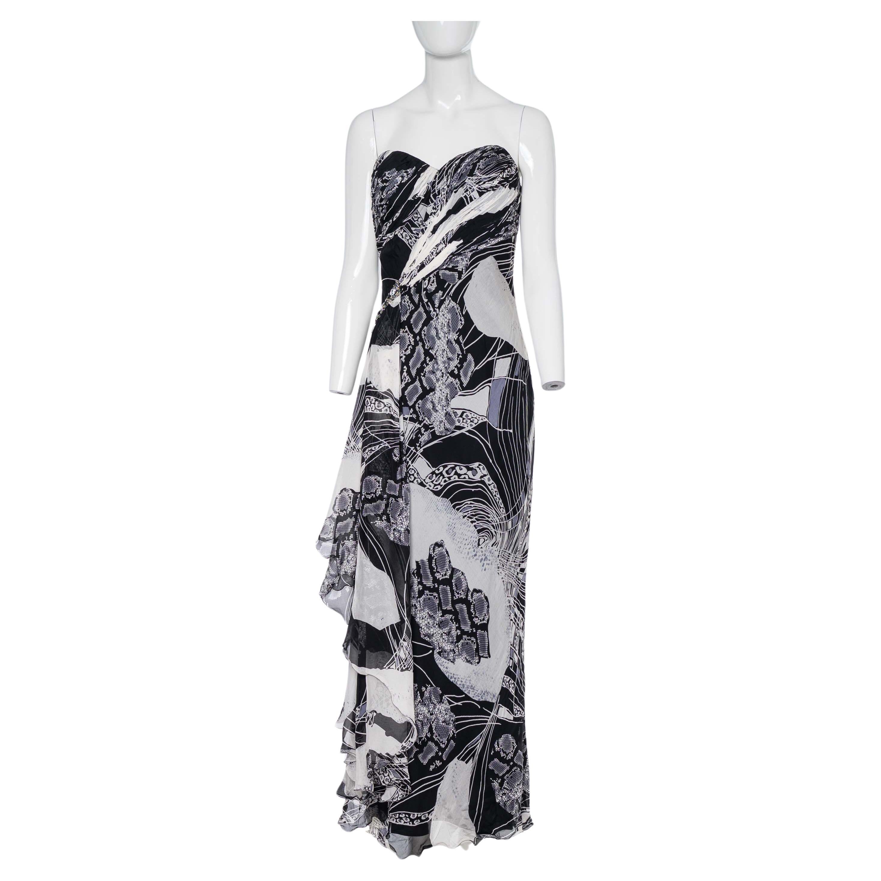 2000s Diane Freis Monochrome Abstract Print Strapless Evening Dress For Sale