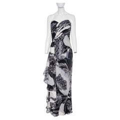 2000s Diane Freis Monochrome Abstract Print Strapless Evening Dress