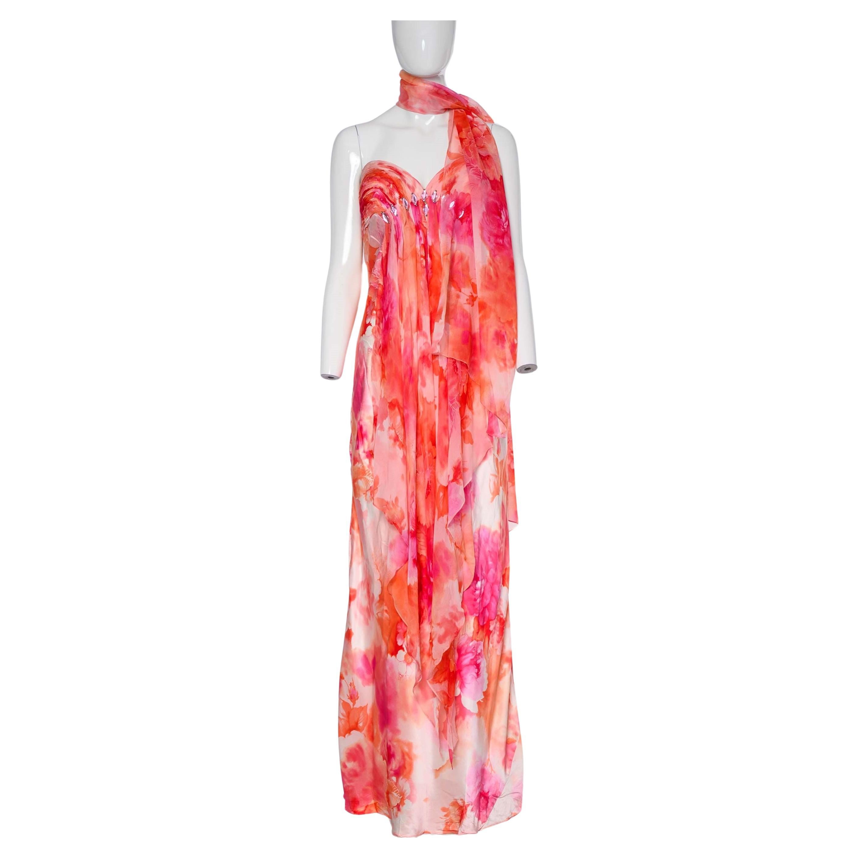 2000s Diane Freis Watercolour Floral Print Strapless Evening Dress For Sale