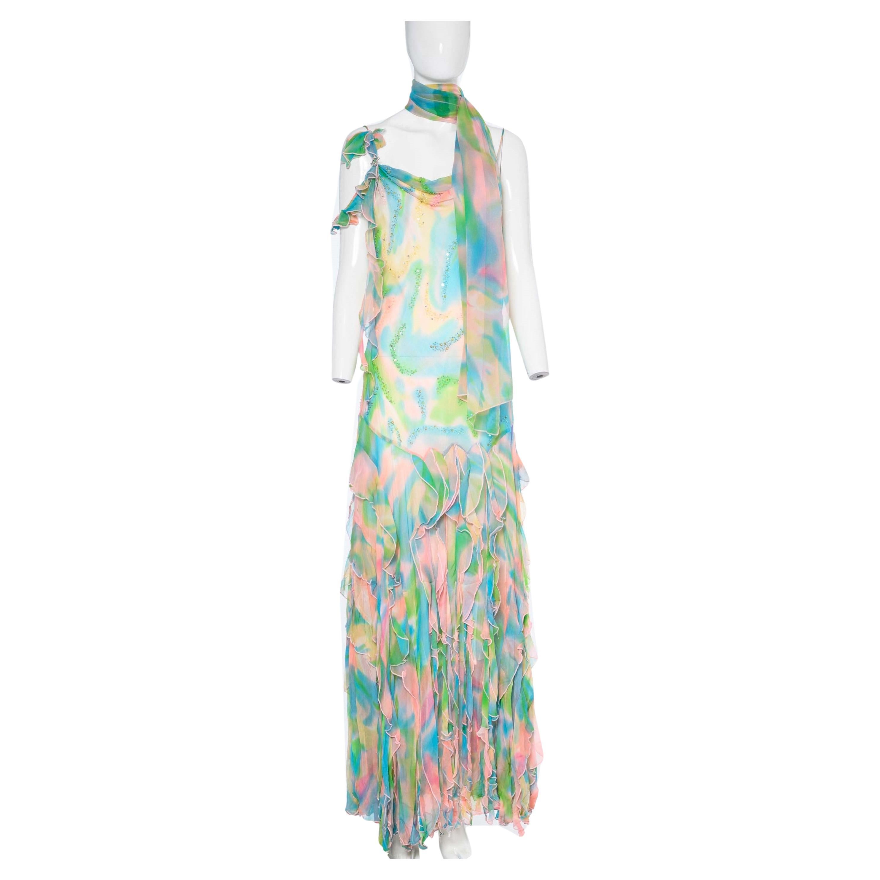 2000s Diane Freis Whimsical Print Ruffle Hem Evening Dress For Sale