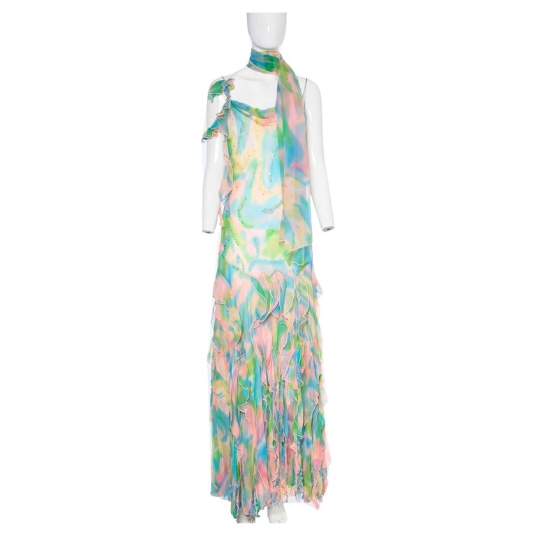 2000s Diane Freis Whimsical Print Ruffle Hem Evening Dress For Sale at  1stDibs