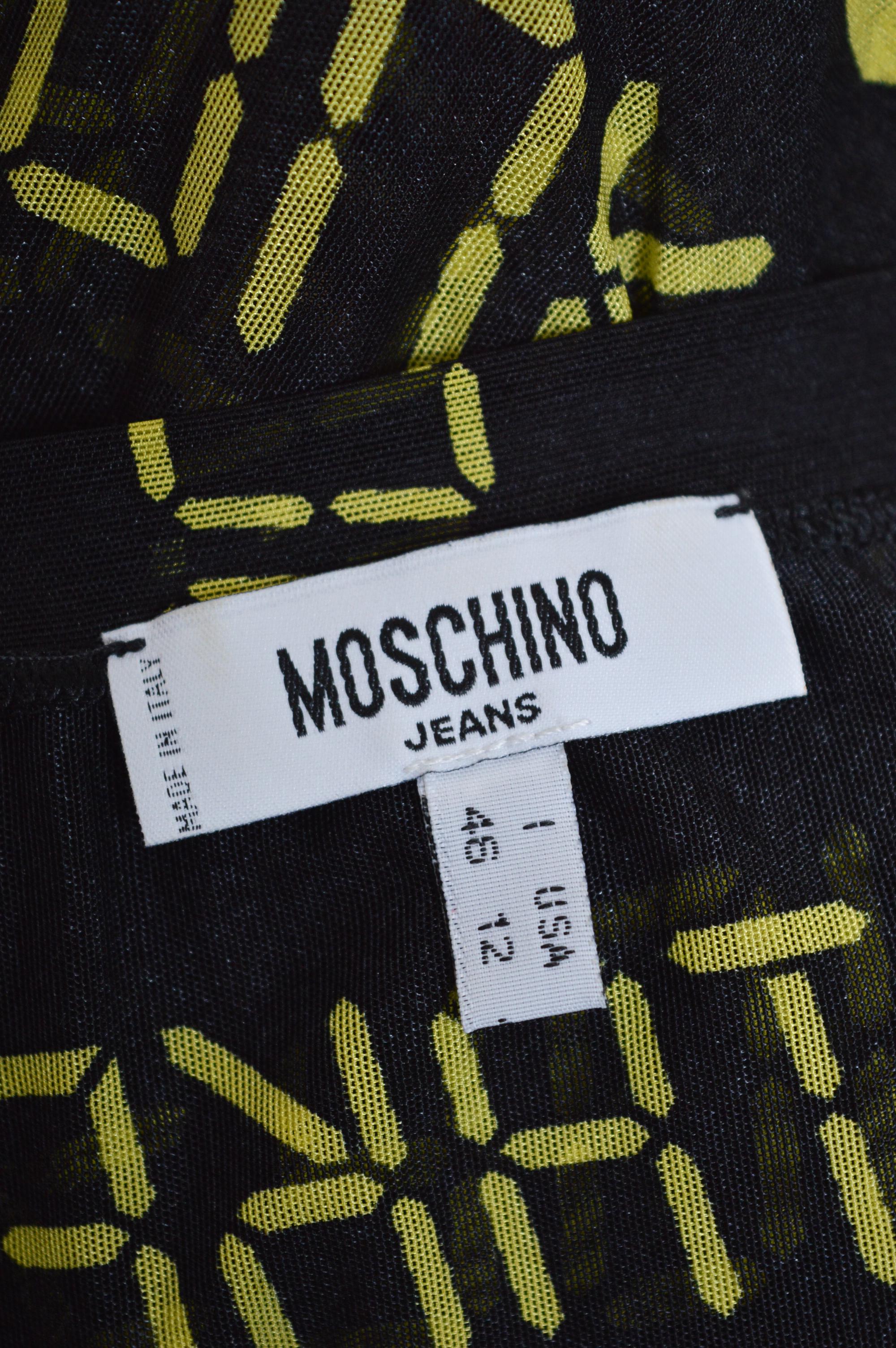 2000's Motif numérique Moschino T-shirt en micro-maille transparente noir et vert fluo Bon état - En vente à Sheffield, GB