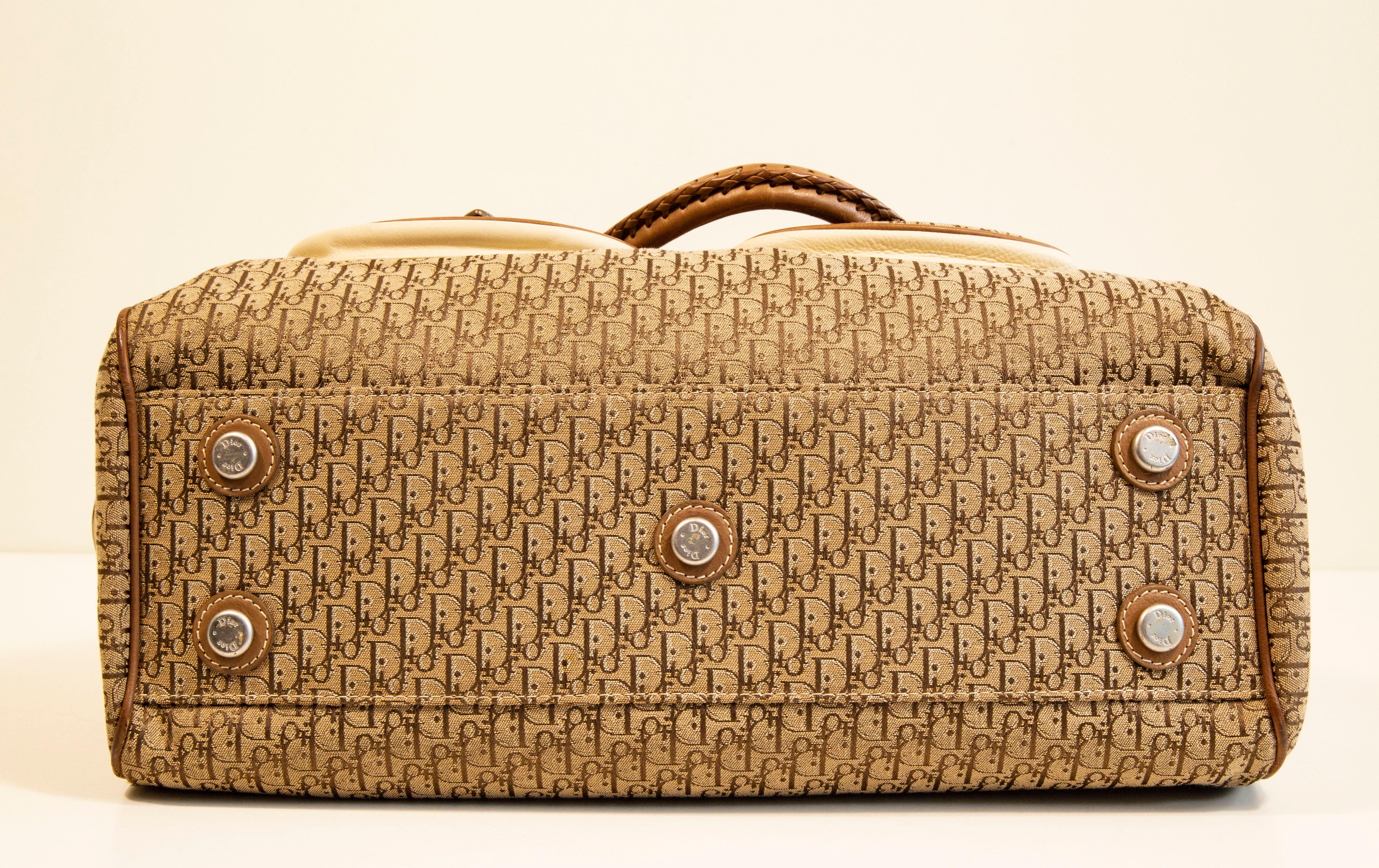 2000s Dior Diorissimo Cloth Beige Canvas and Leather Detective Frame Satchel Bag For Sale 6