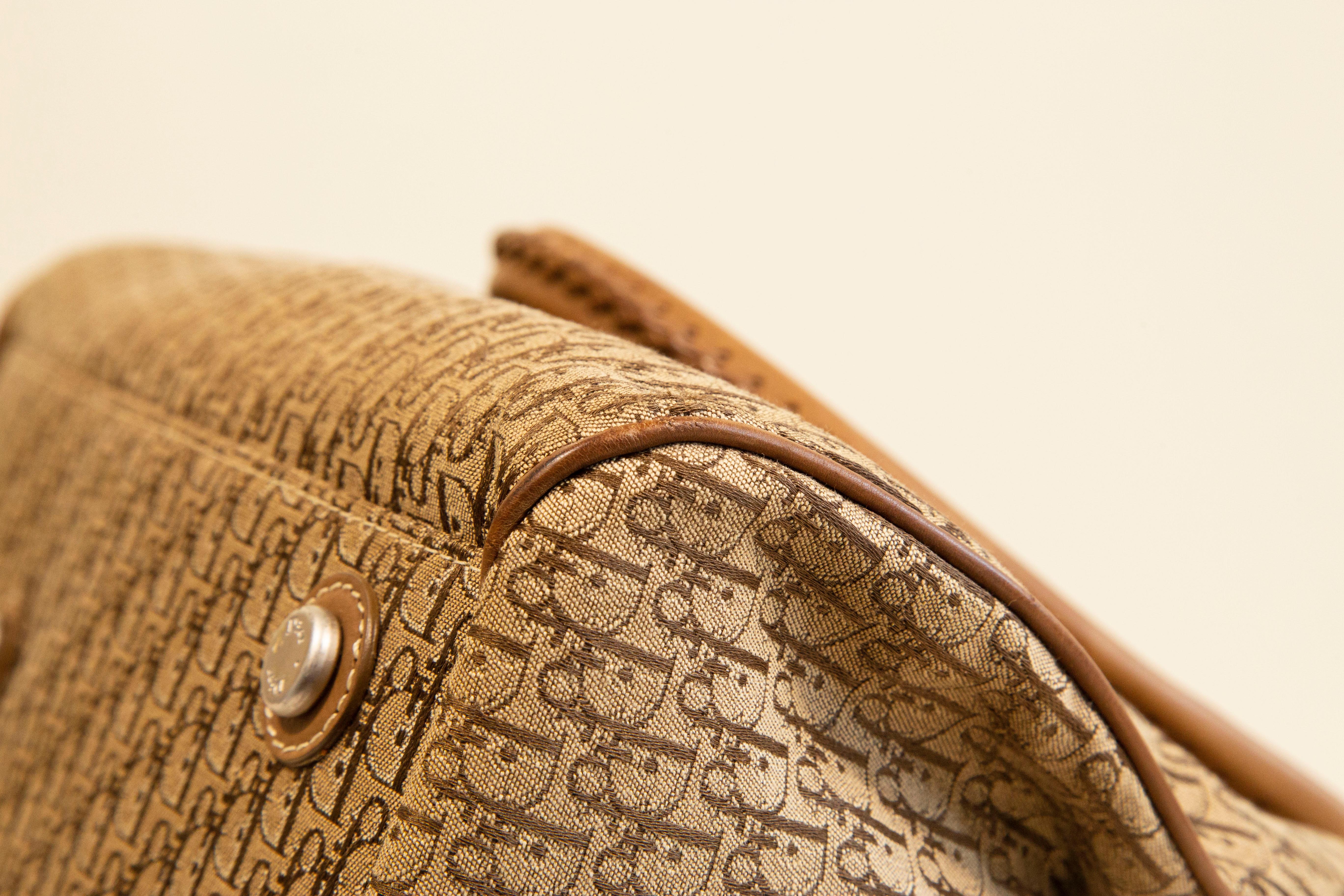 2000s Dior Diorissimo Cloth Beige Canvas and Leather Detective Frame Satchel Bag For Sale 9