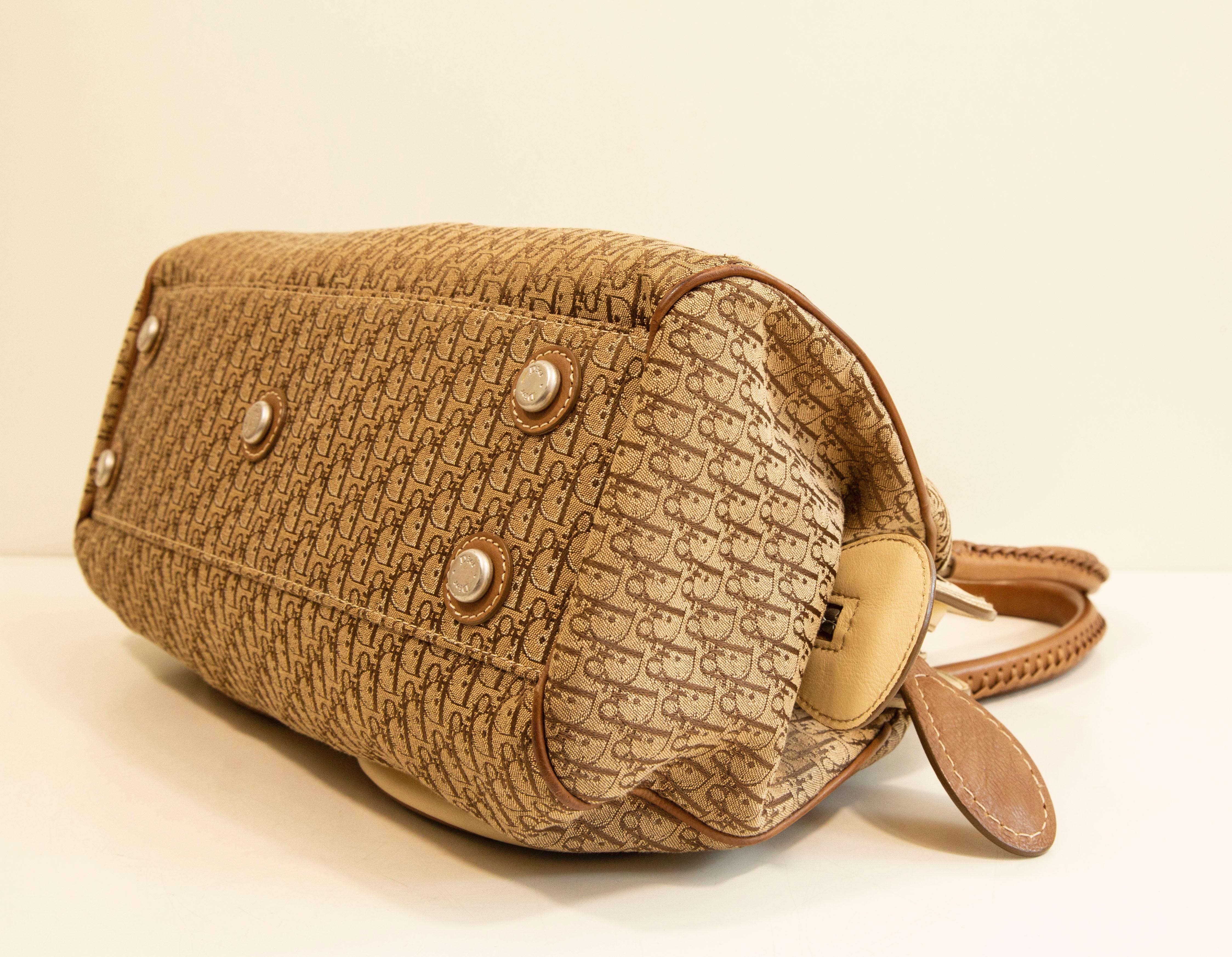 2000s Dior Diorissimo Cloth Beige Canvas and Leather Detective Frame Satchel Bag For Sale 11