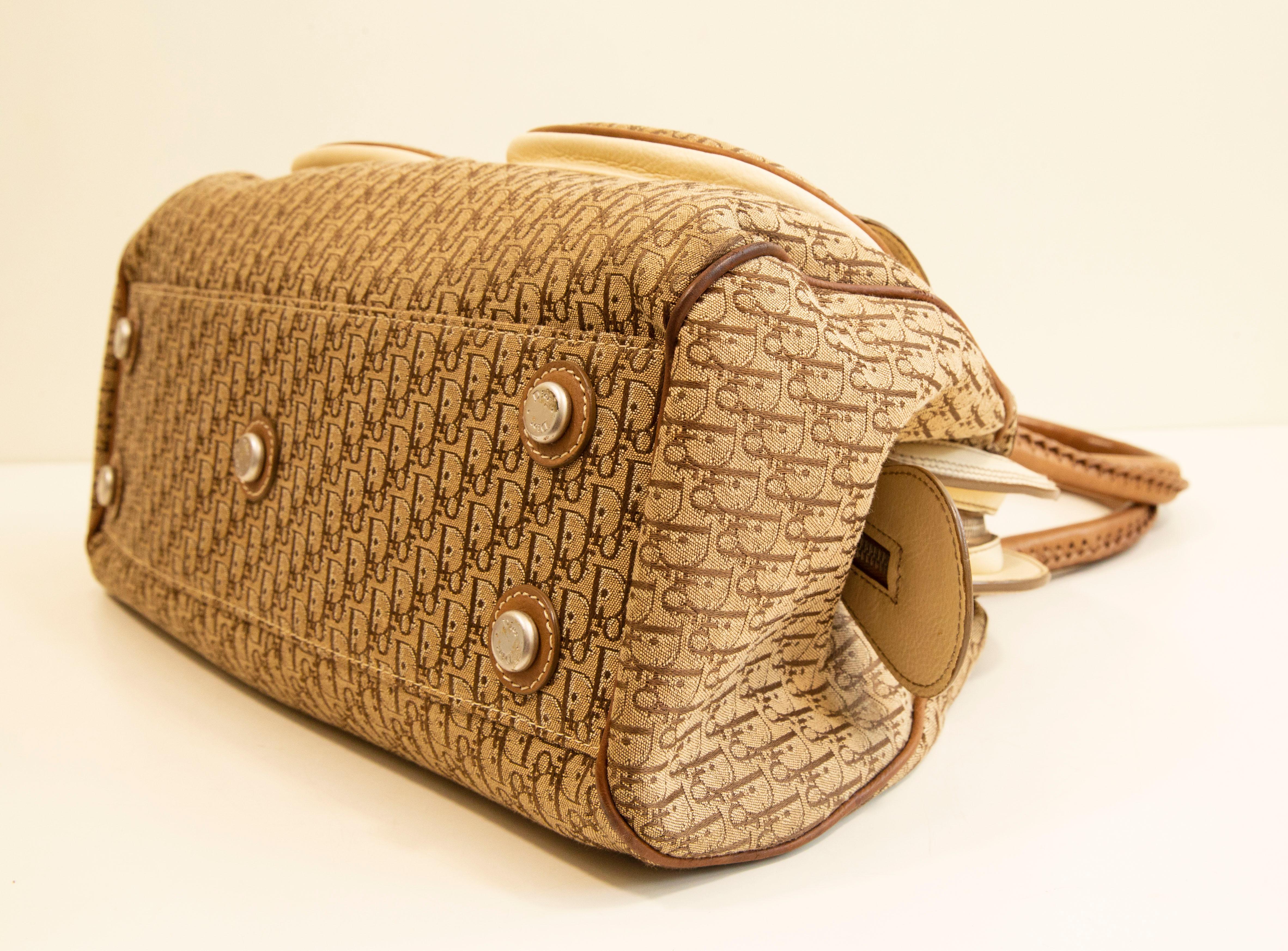 2000s Dior Diorissimo Cloth Beige Canvas and Leather Detective Frame Satchel Bag For Sale 13