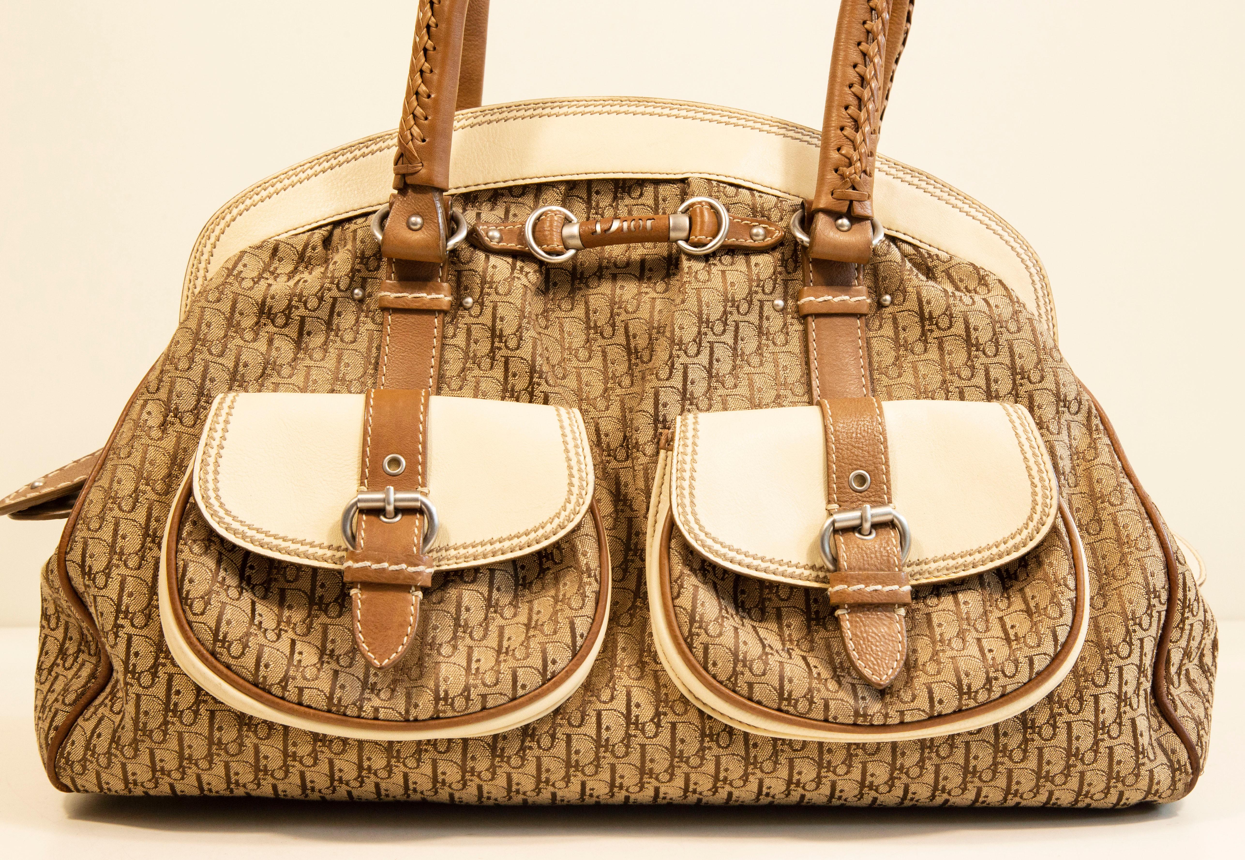 2000s Dior Diorissimo Cloth Beige Canvas and Leather Detective Frame Satchel Bag In Good Condition For Sale In Arnhem, NL