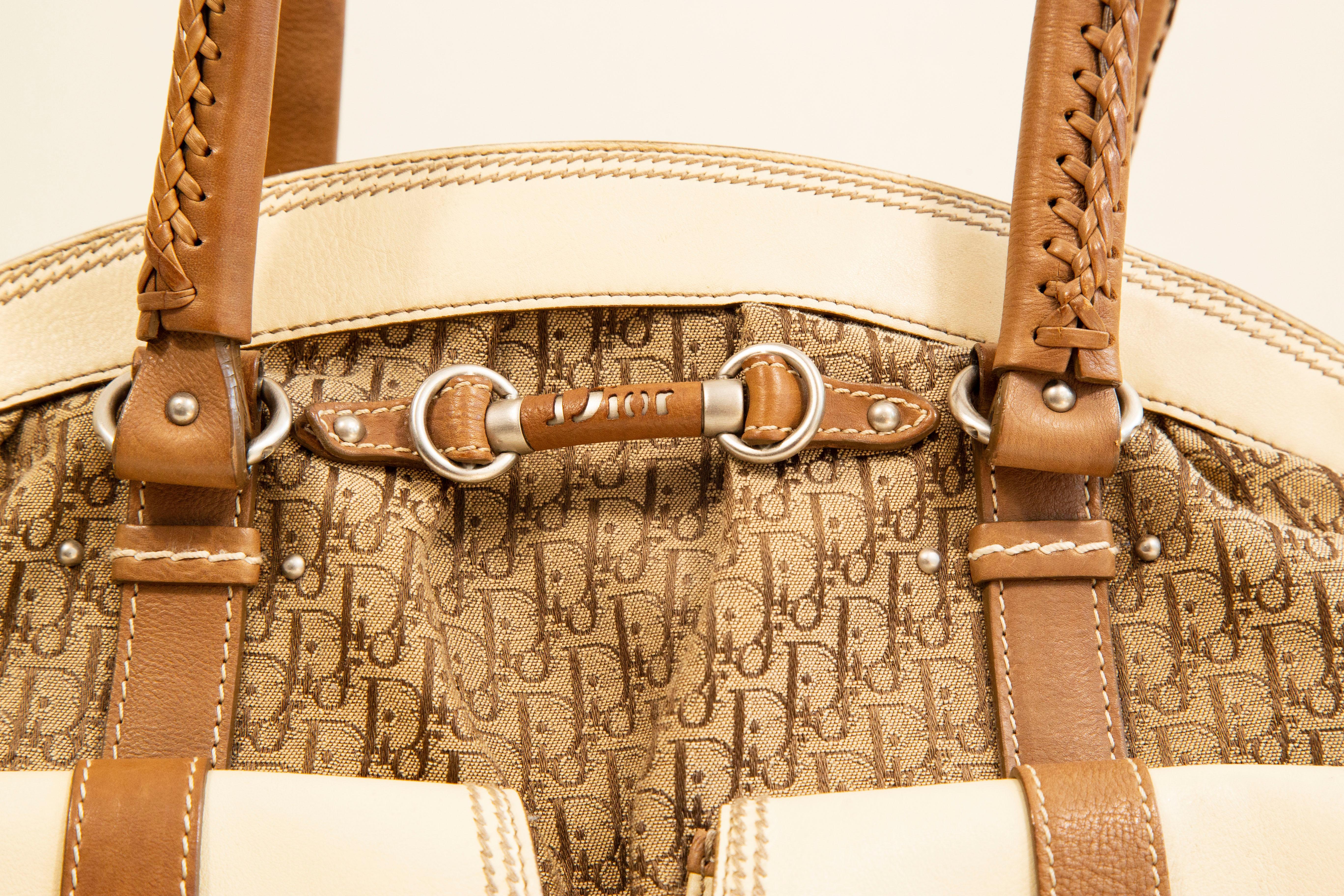 Women's or Men's 2000s Dior Diorissimo Cloth Beige Canvas and Leather Detective Frame Satchel Bag For Sale