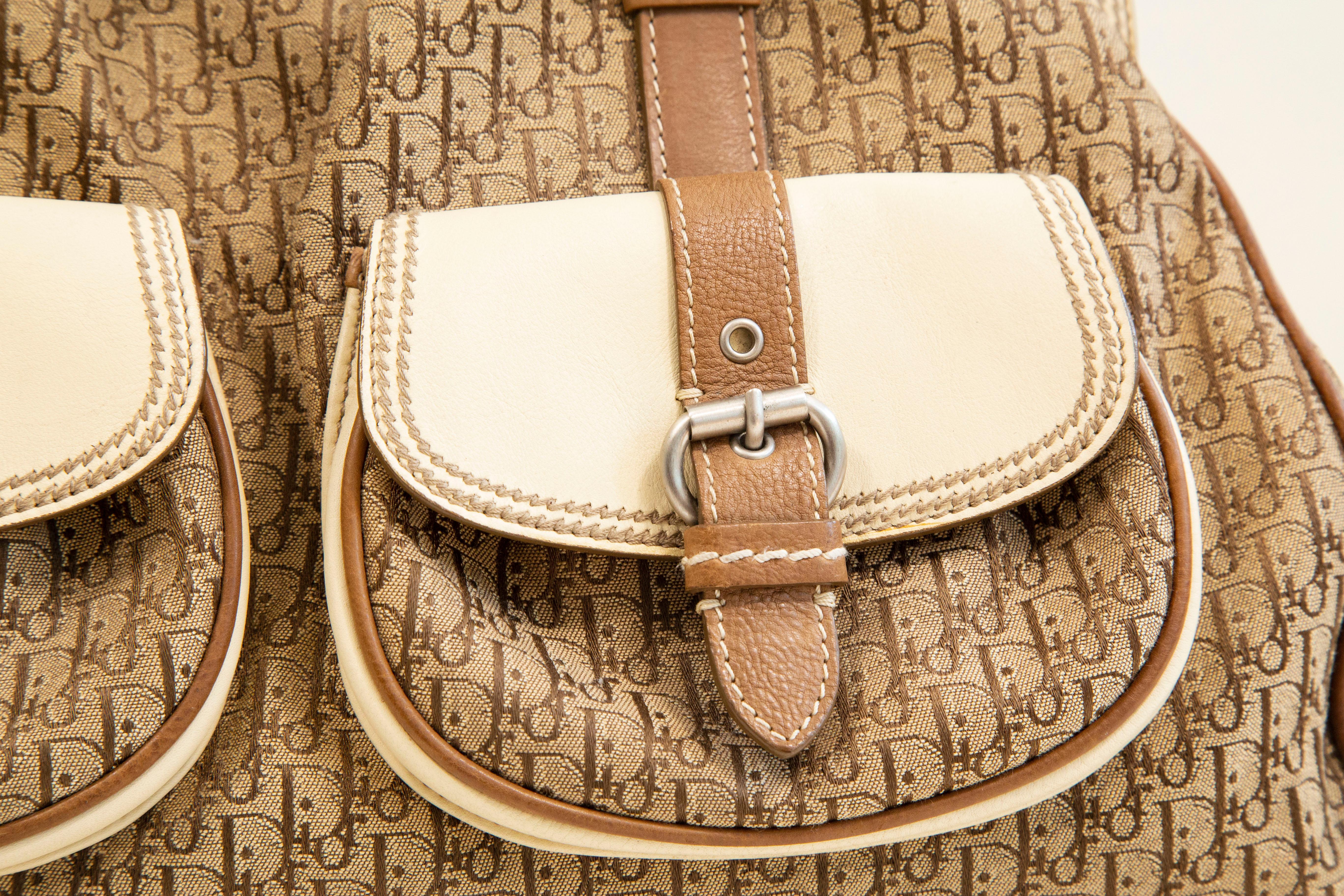 2000s Dior Diorissimo Cloth Beige Canvas and Leather Detective Frame Satchel Bag For Sale 1