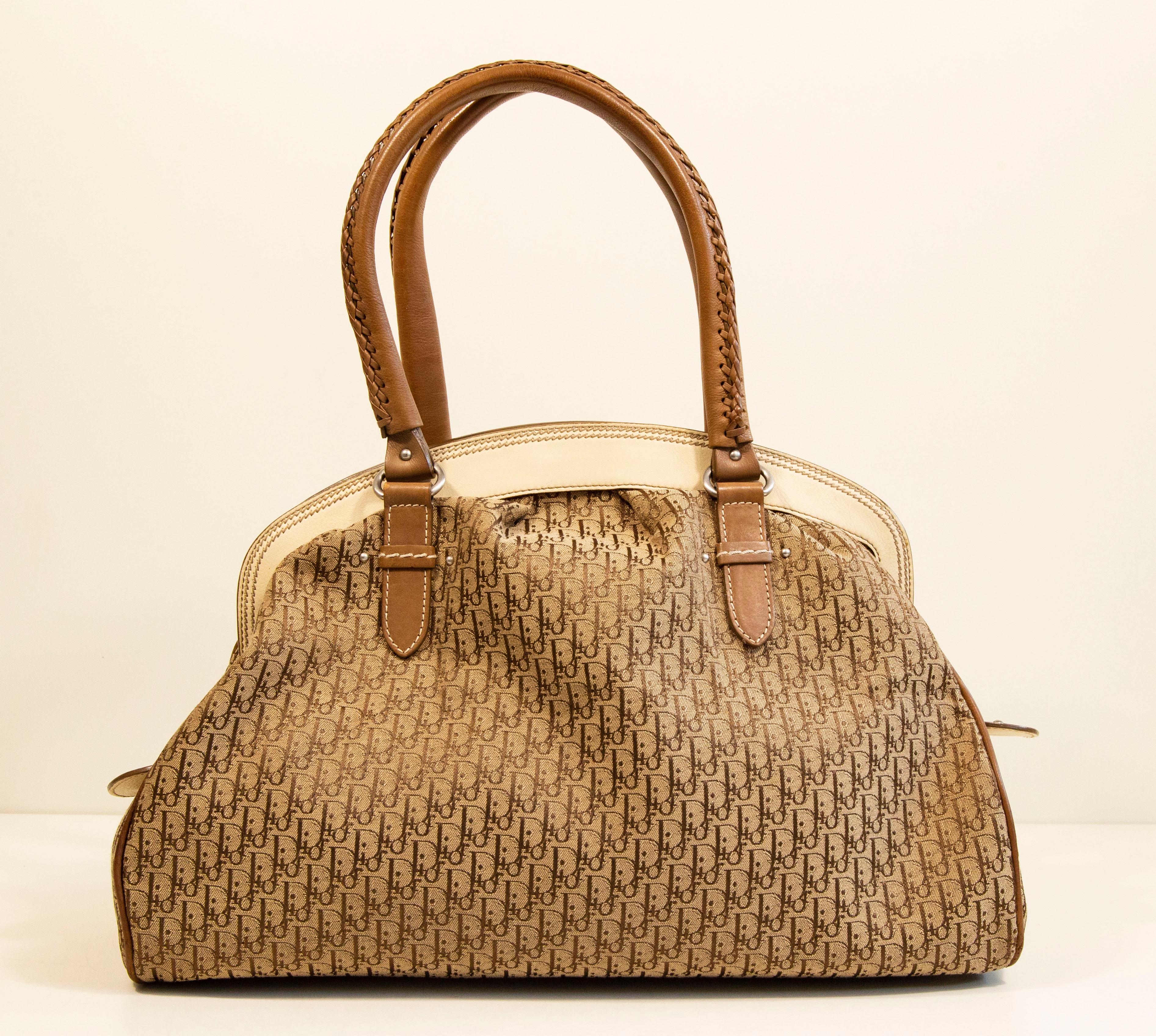 2000s Dior Diorissimo Cloth Beige Canvas and Leather Detective Frame Satchel Bag For Sale 2