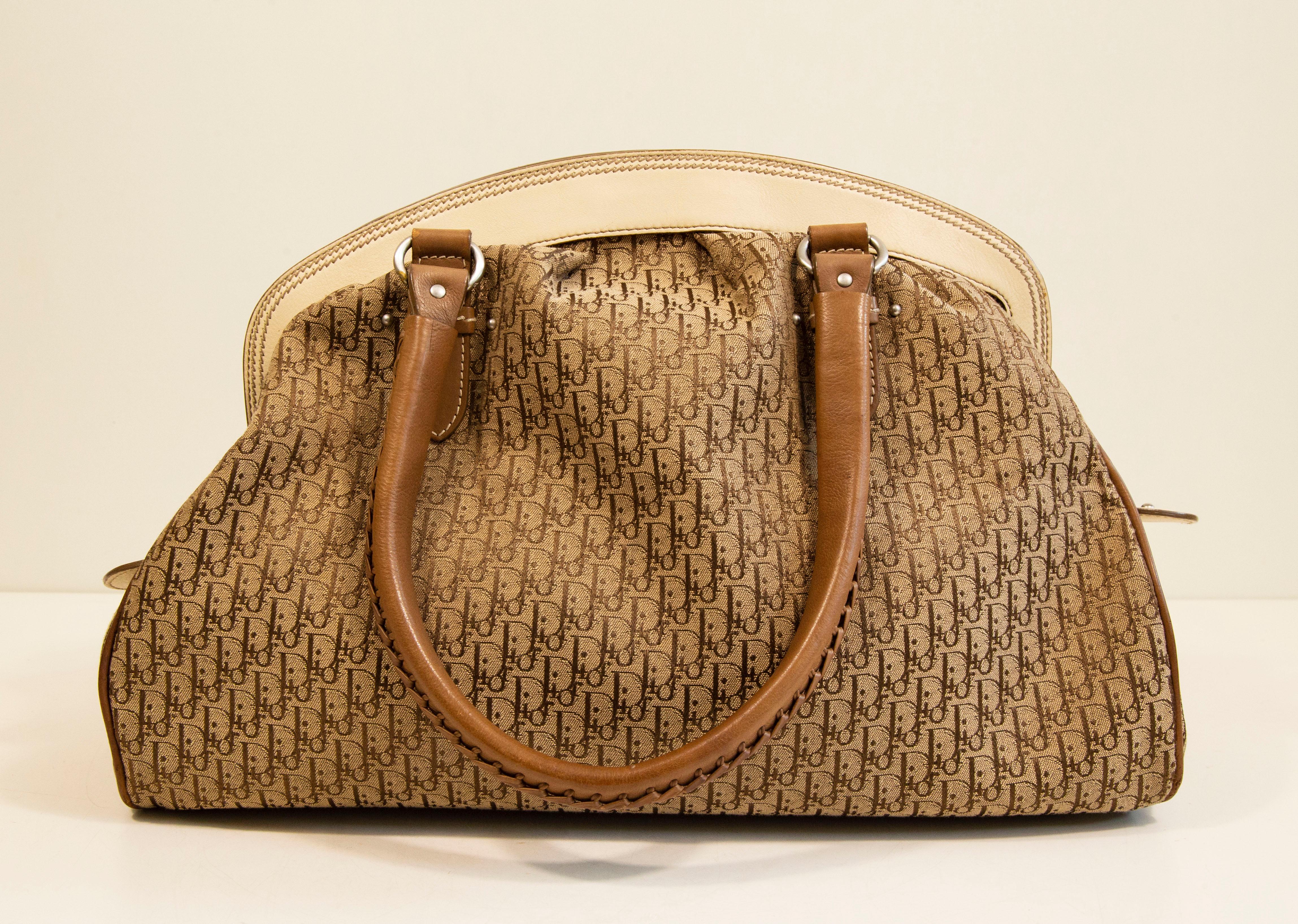 2000s Dior Diorissimo Cloth Beige Canvas and Leather Detective Frame Satchel Bag For Sale 3