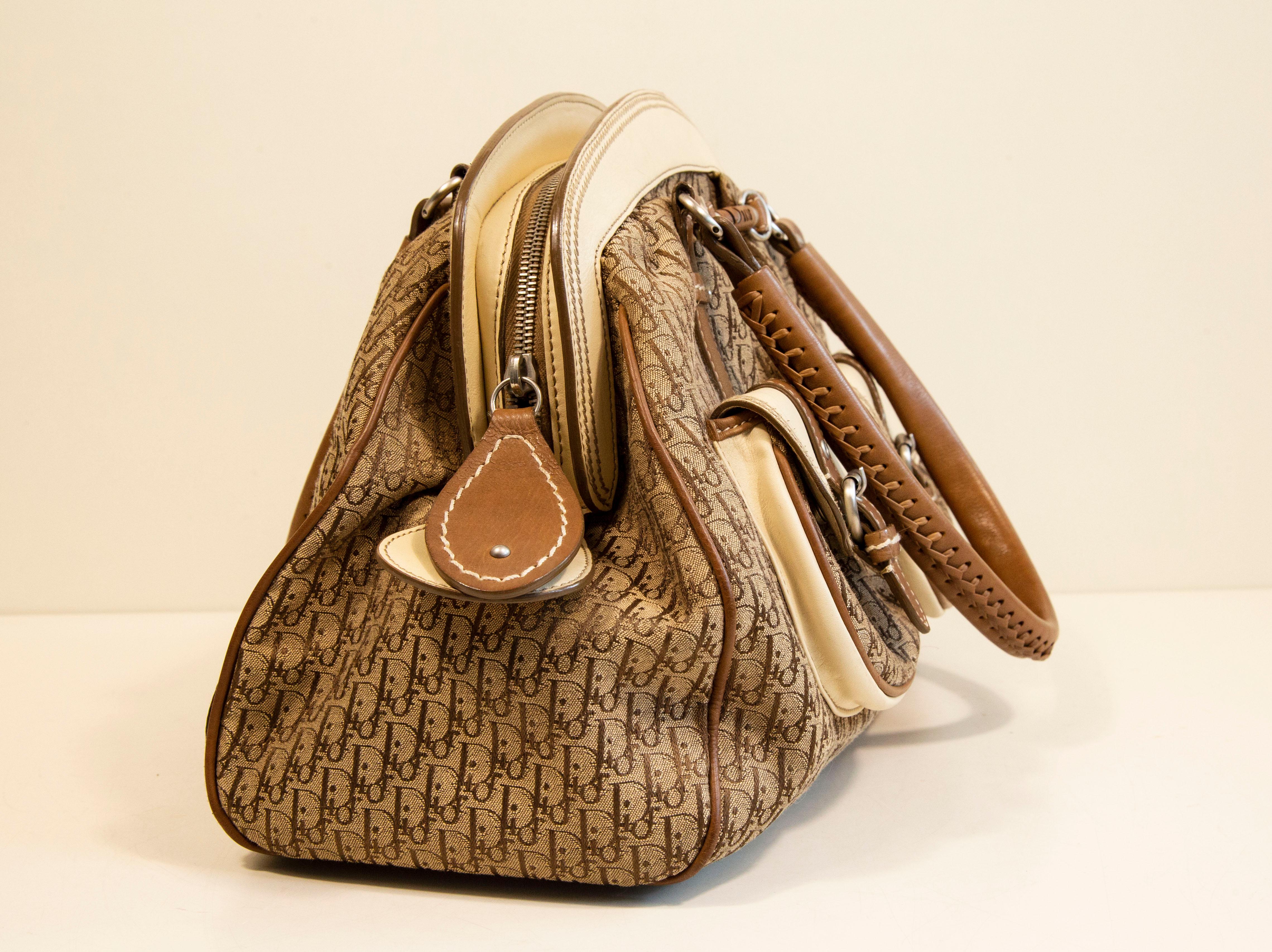 2000s Dior Diorissimo Cloth Beige Canvas and Leather Detective Frame Satchel Bag For Sale 4