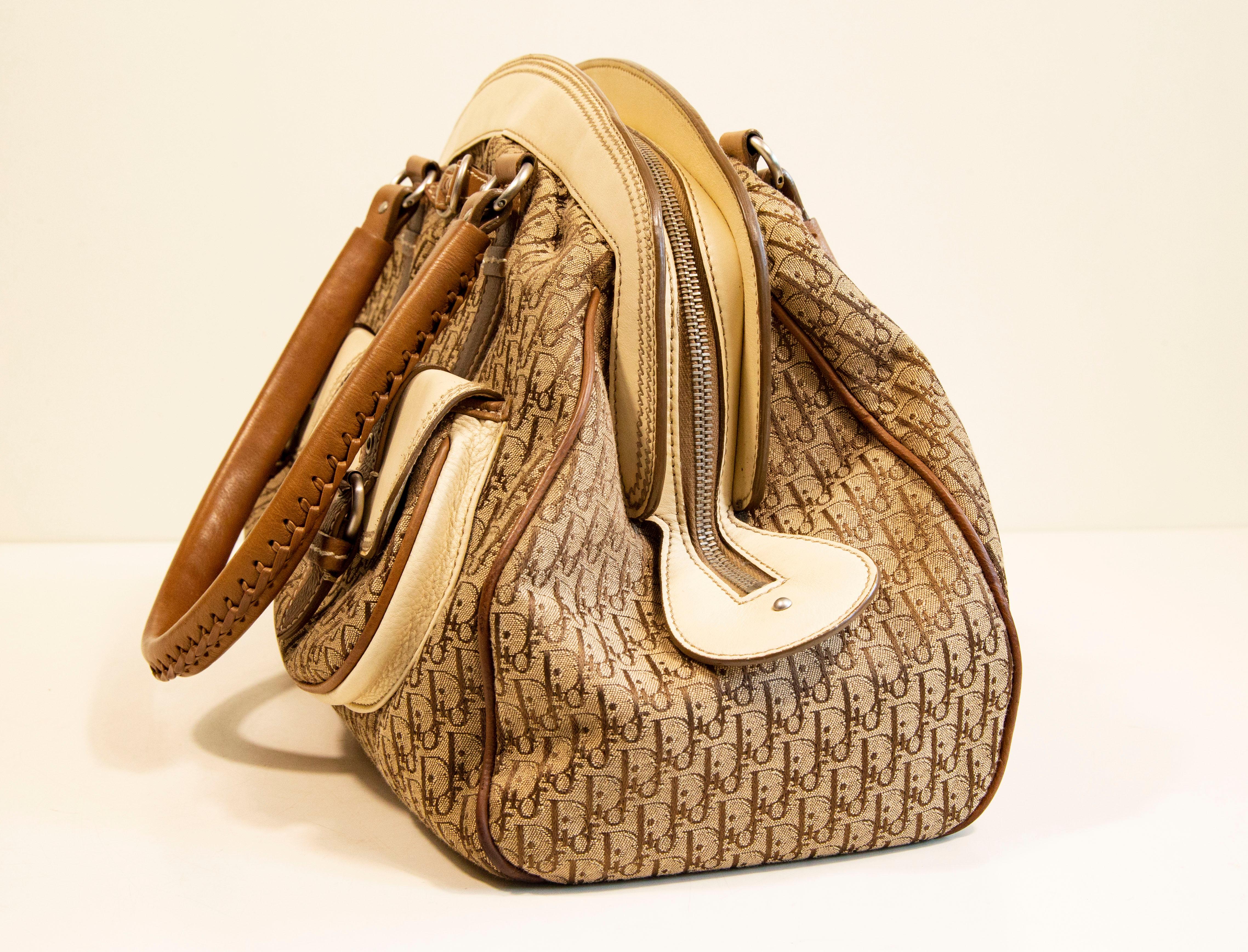 2000s Dior Diorissimo Cloth Beige Canvas and Leather Detective Frame Satchel Bag For Sale 5