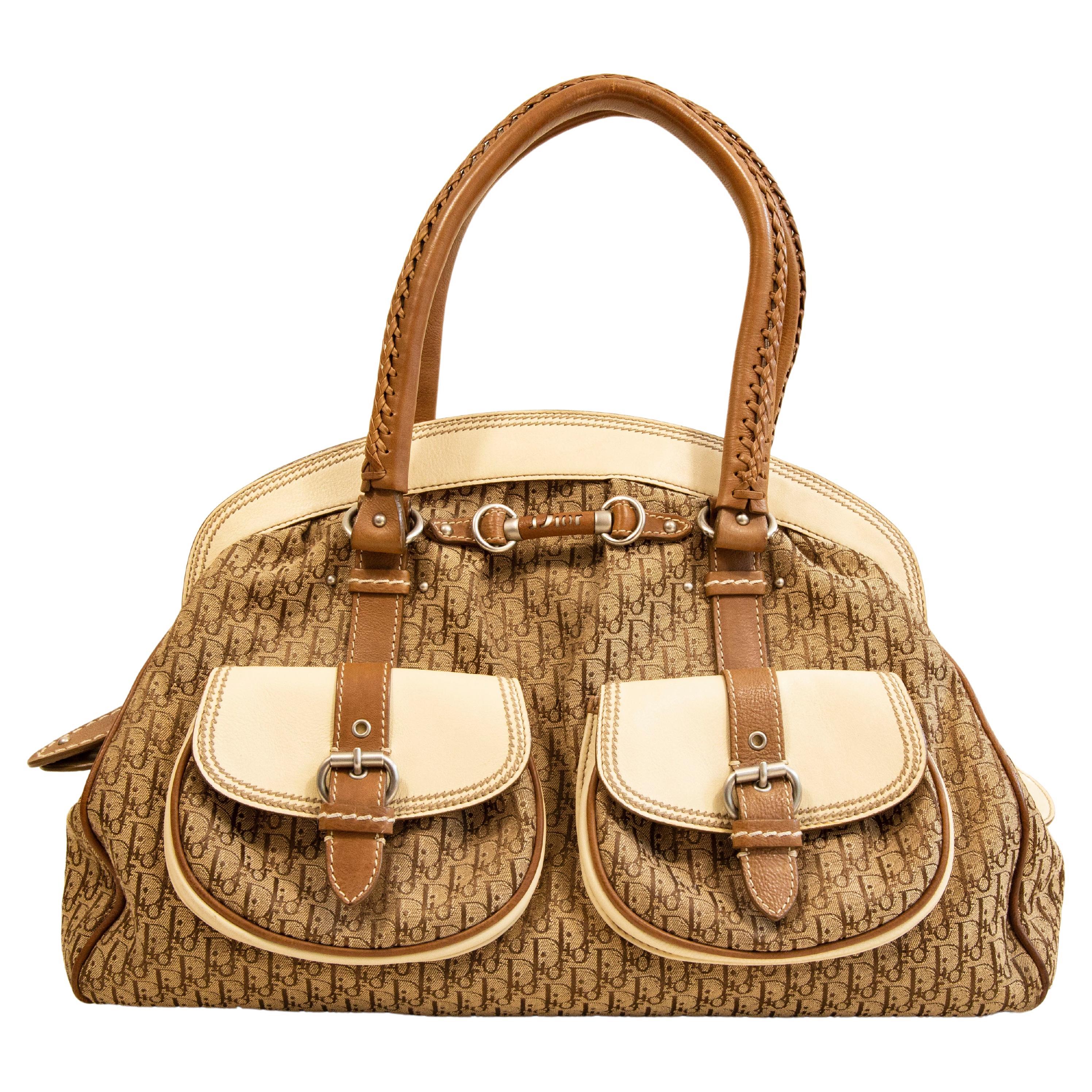 2000s Dior Diorissimo Cloth Beige Canvas and Leather Detective Frame Satchel Bag For Sale