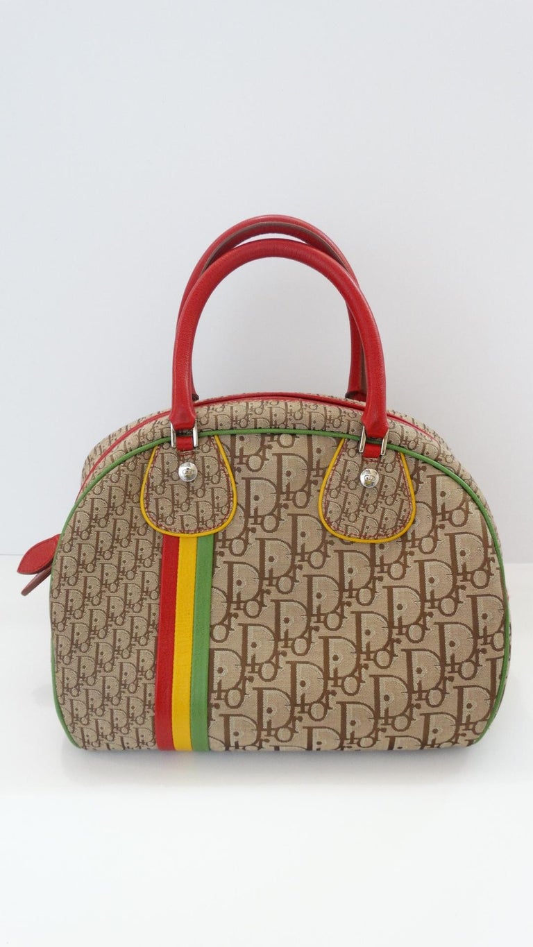 Dior, Bags, Dior Vintage Diorissimo Rasta Tan Red Green Yellow Canvas  Leather Bowler Bag Y2k