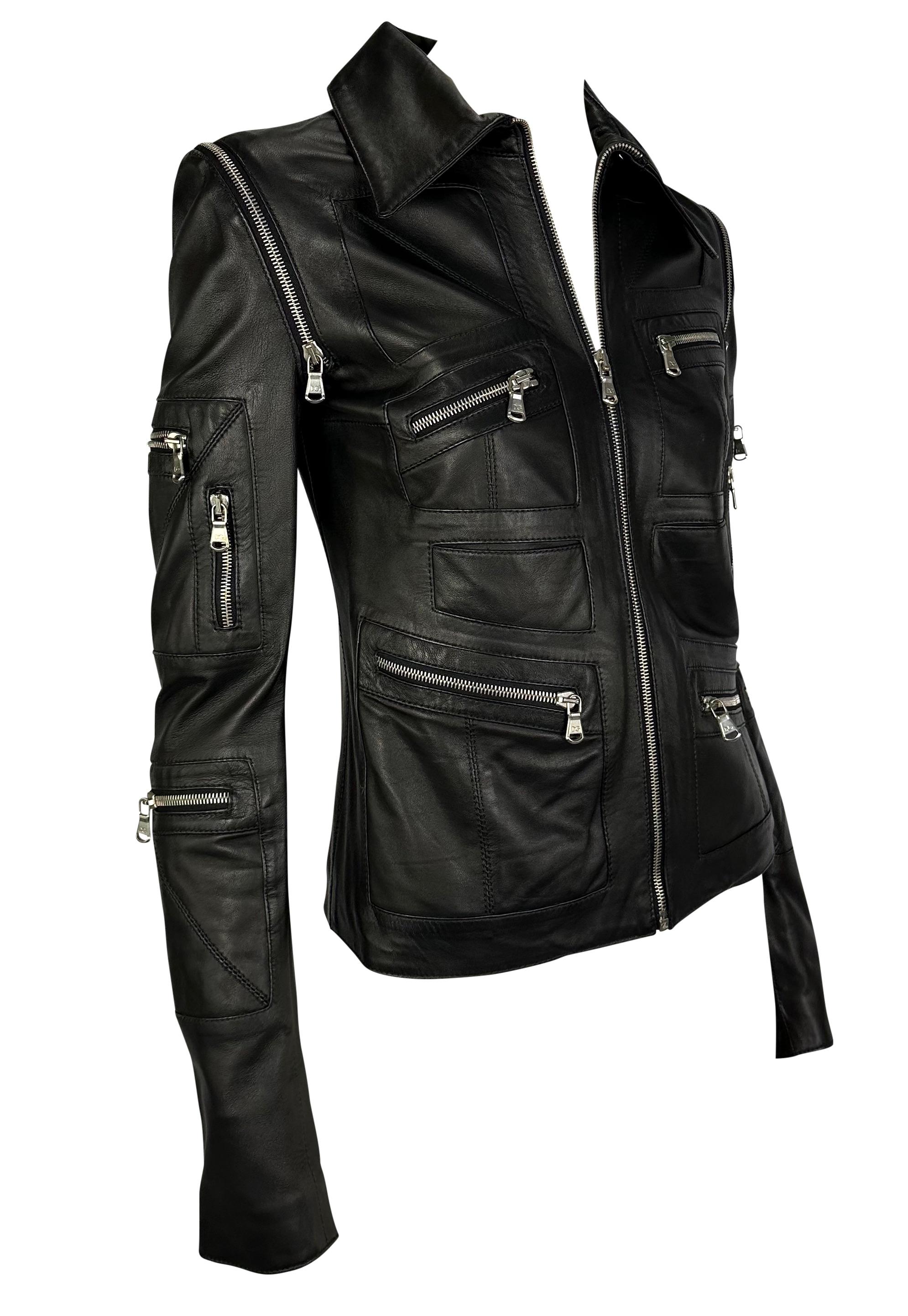 2000s Dolce and Gabbana Black Leather Zipper Moto Jacket For Sale 1