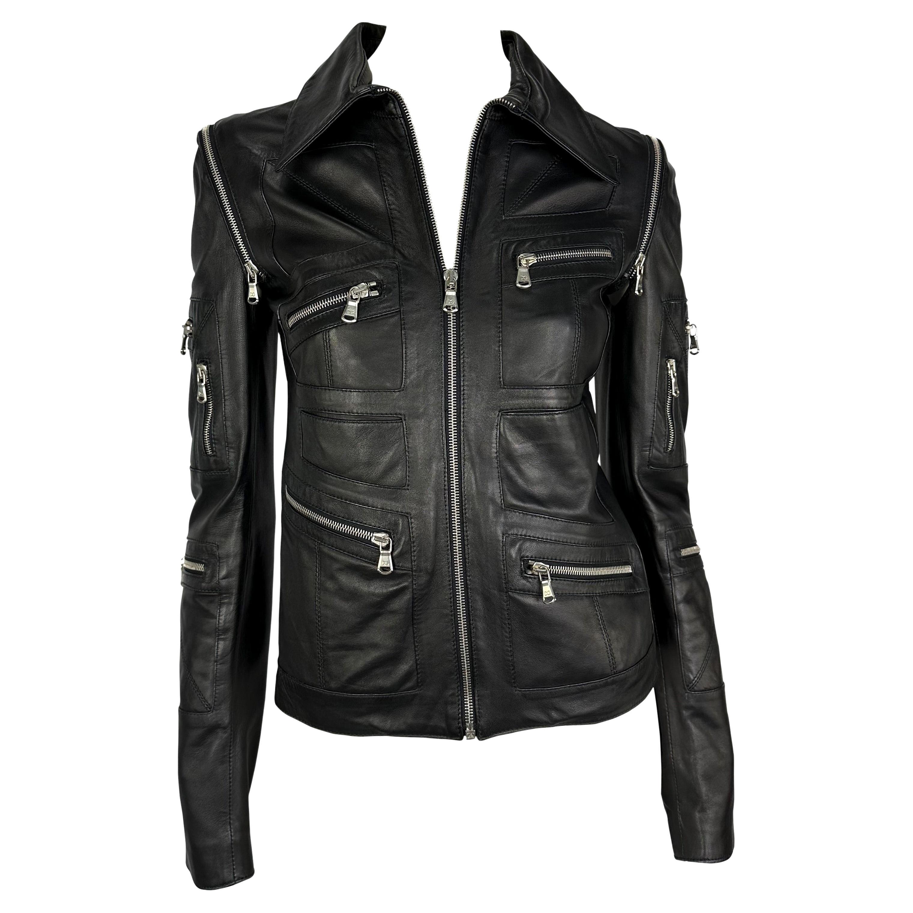 Dolce and Gabbana Black Distressed Leather Military Jacket For Sale at