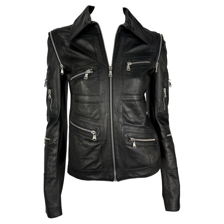 2000s Dolce and Gabbana Black Leather Zipper Moto Jacket For Sale 