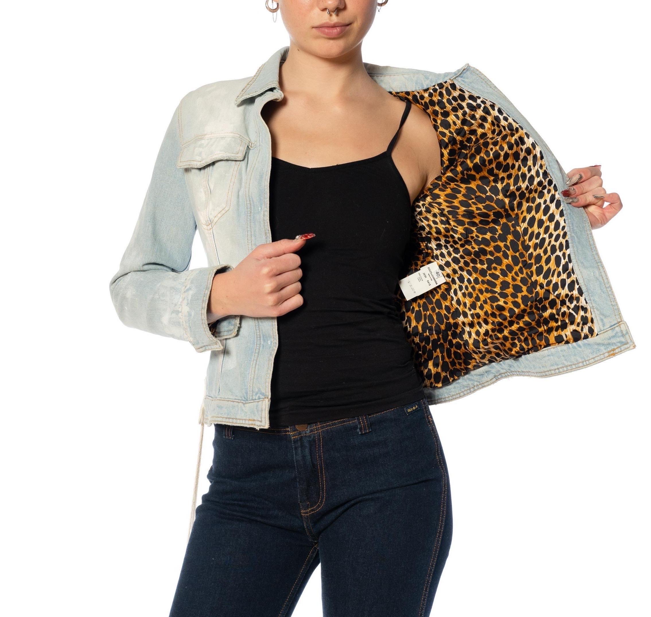 Women's 2000S DOLCE & GABBANA Acid Wash Cotton Denim Jacket With Leopard Print Silk Lin For Sale