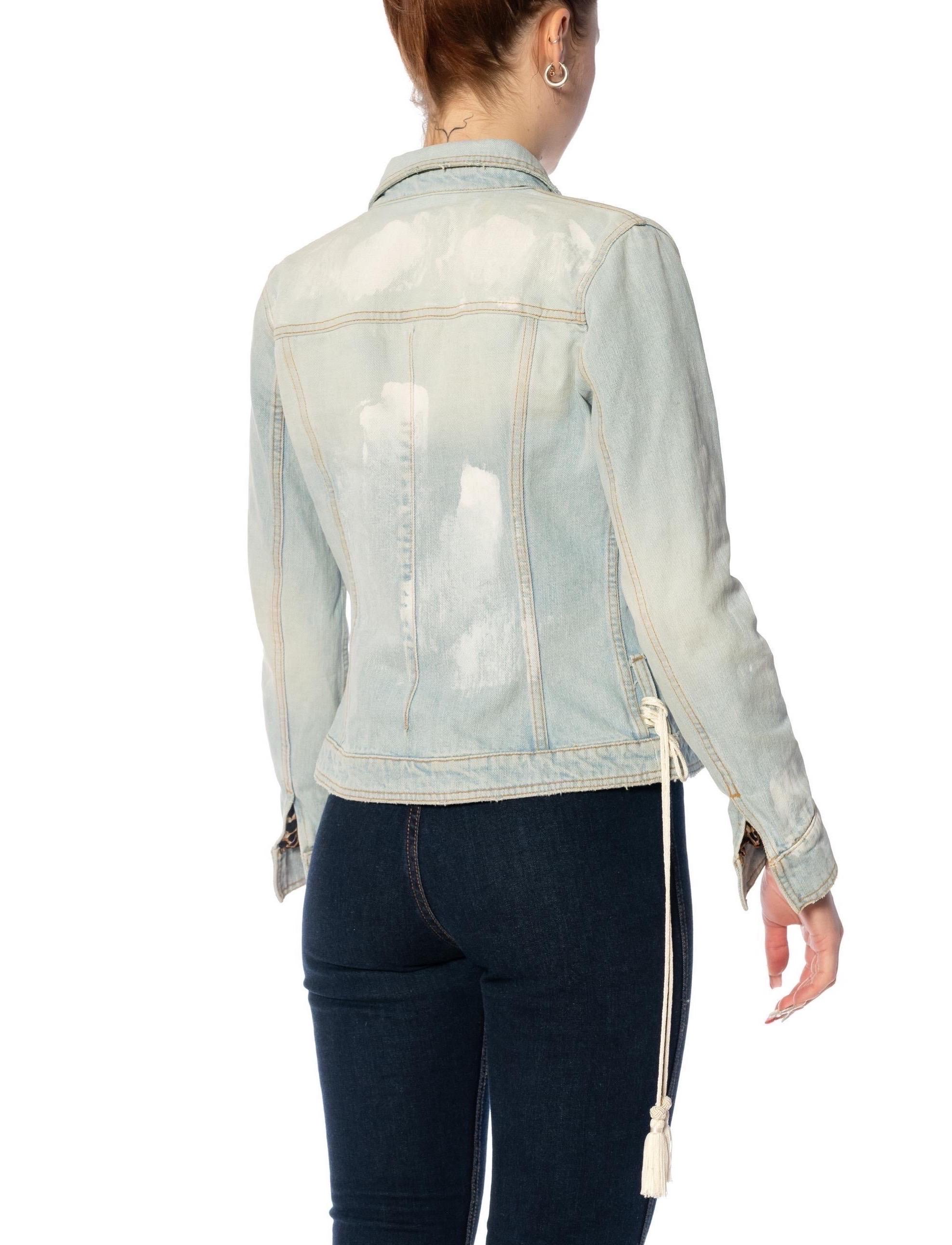 2000S DOLCE & GABBANA Acid Wash Cotton Denim Jacket With Leopard Print Silk Lin For Sale 4
