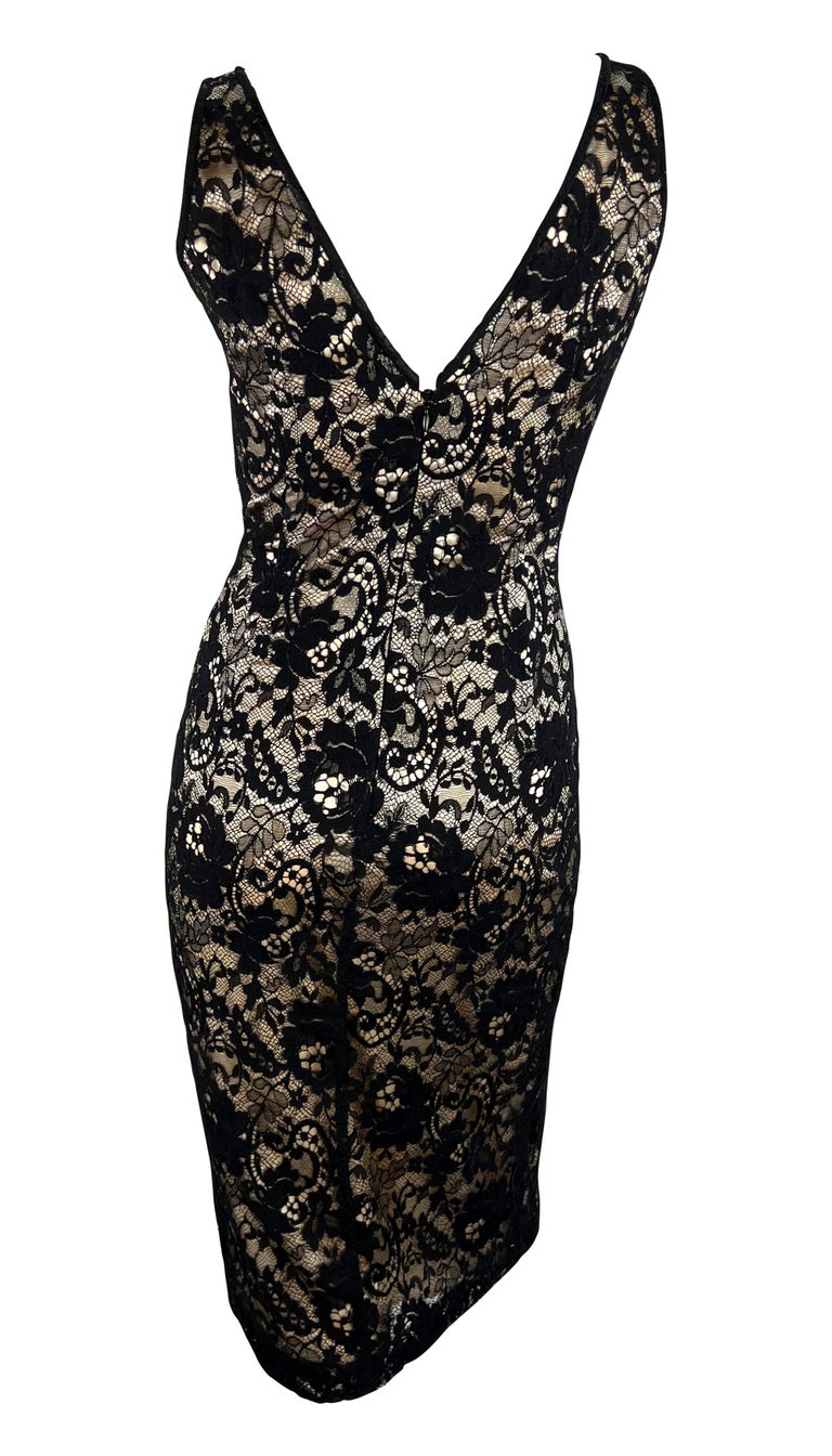 2000s Dolce and Gabbana Beige Satin Black Lace Overlay Bodycon Sleeveless  Dress For Sale at 1stDibs
