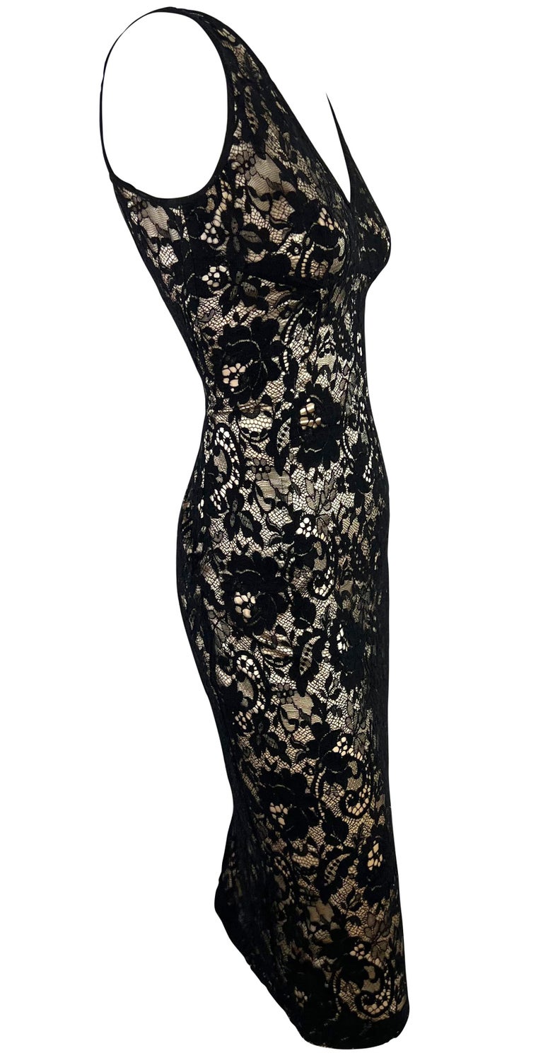 2000s Dolce and Gabbana Beige Satin Black Lace Overlay Bodycon Sleeveless  Dress For Sale at 1stDibs