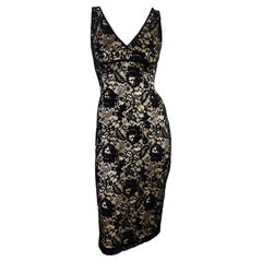 2000s Dolce & Gabbana Beige Satin Black Lace Overlay Bodycon Sleeveless Dress