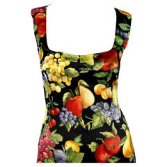 2000s Dolce & Gabbana Black Bodycon Sleeveless Fruit Print Pin-up Dress