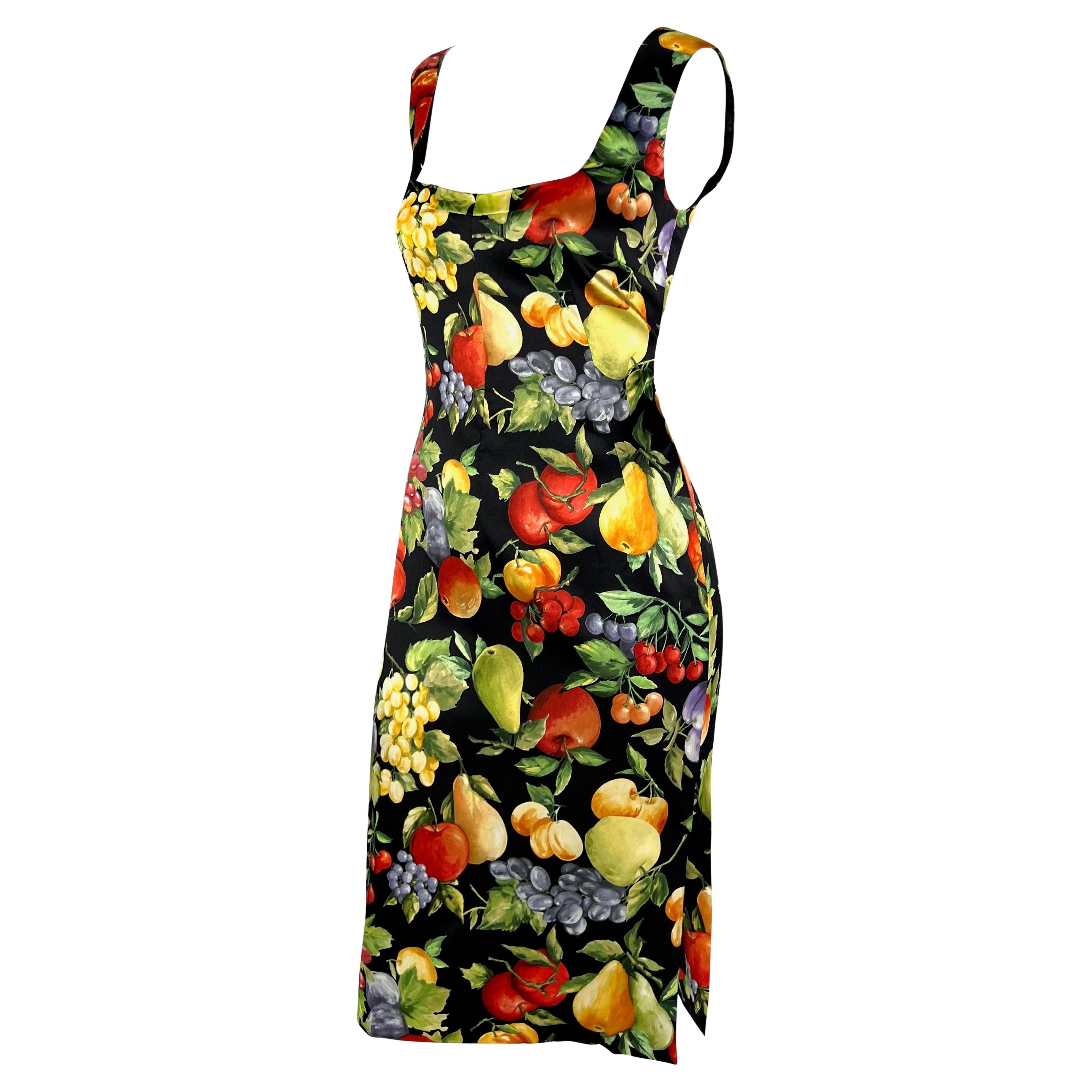 2000s Dolce & Gabbana Black Bodycon Sleeveless Fruit Print Pin-up Dress In Excellent Condition For Sale In West Hollywood, CA