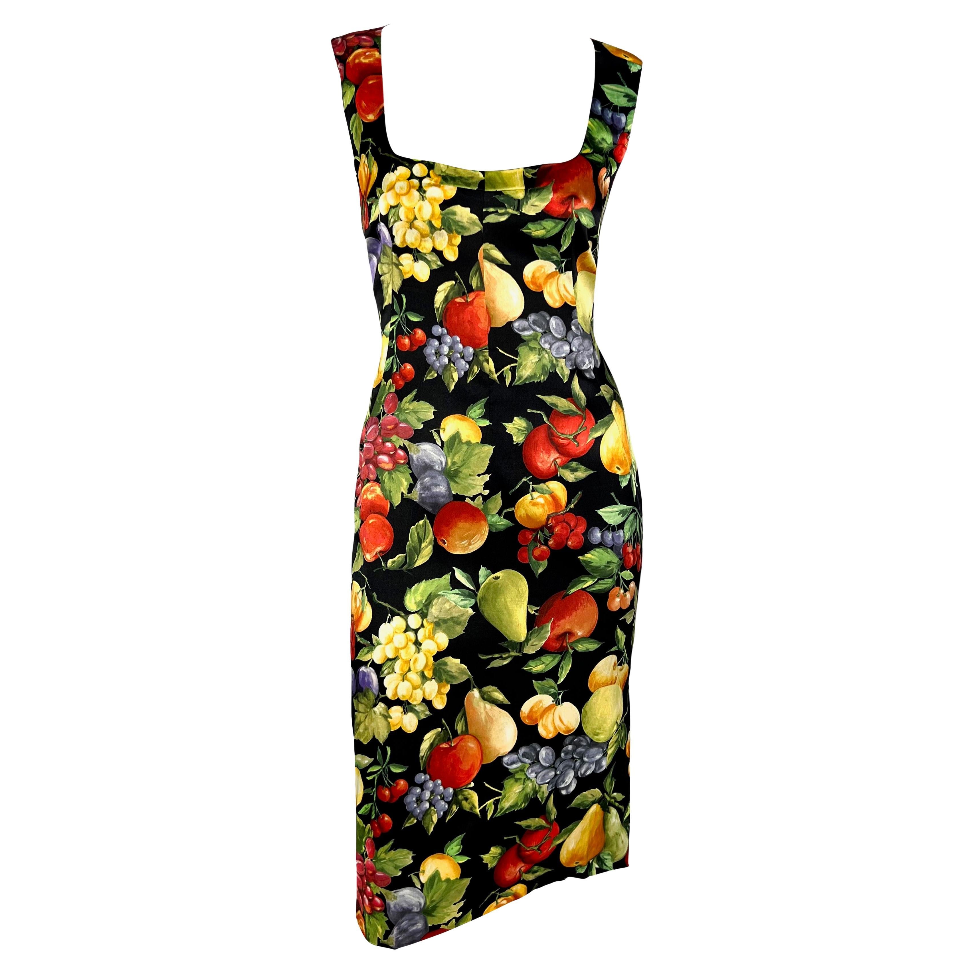 2000s Dolce & Gabbana Black Bodycon Sleeveless Fruit Print Pin-up Dress For Sale