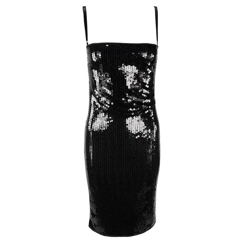 Dolce & Gabbana - Robe moulante noire à paillettes et bordée de satin Pin-Up des années 2000 en vente