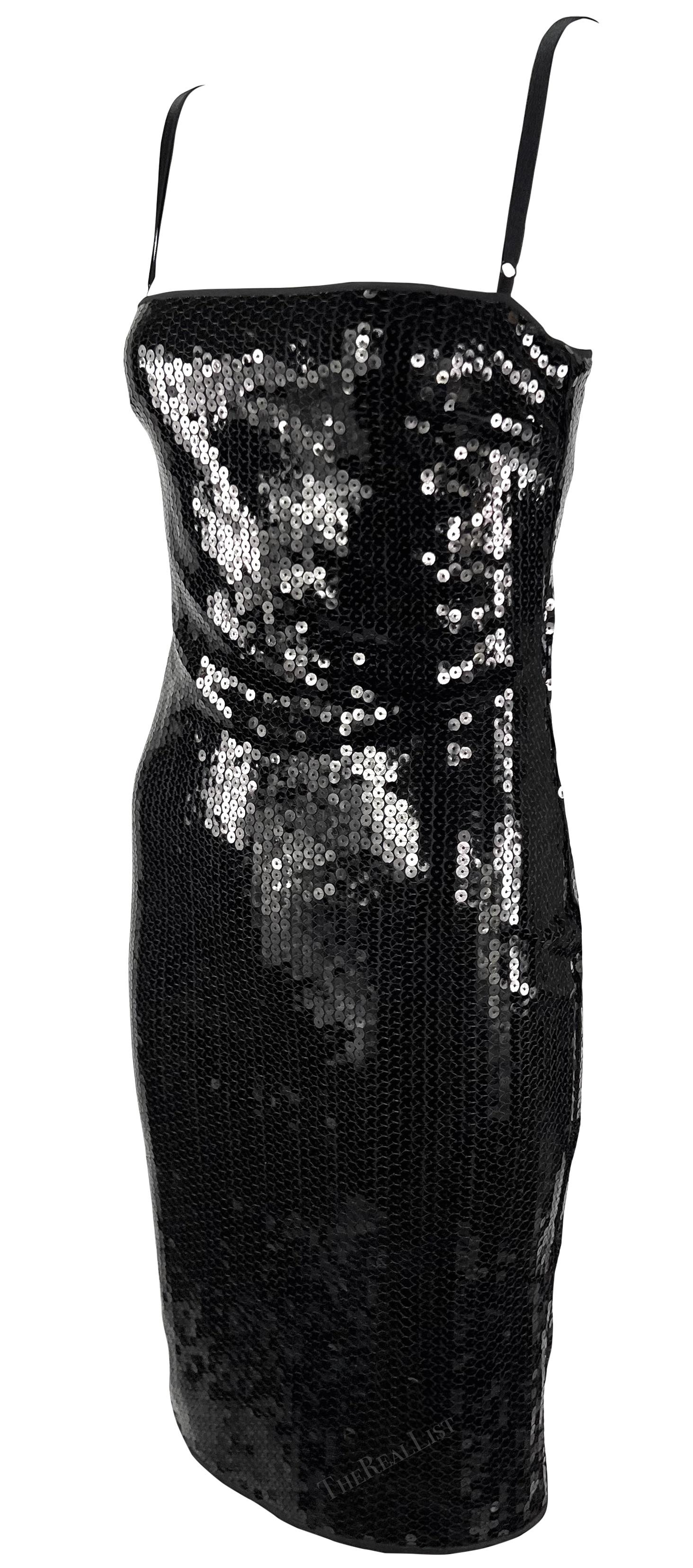 2000s Dolce & Gabbana Black Sequin Bra Strap Pin-Up Satin Trim Bodycon Dress In Excellent Condition For Sale In West Hollywood, CA