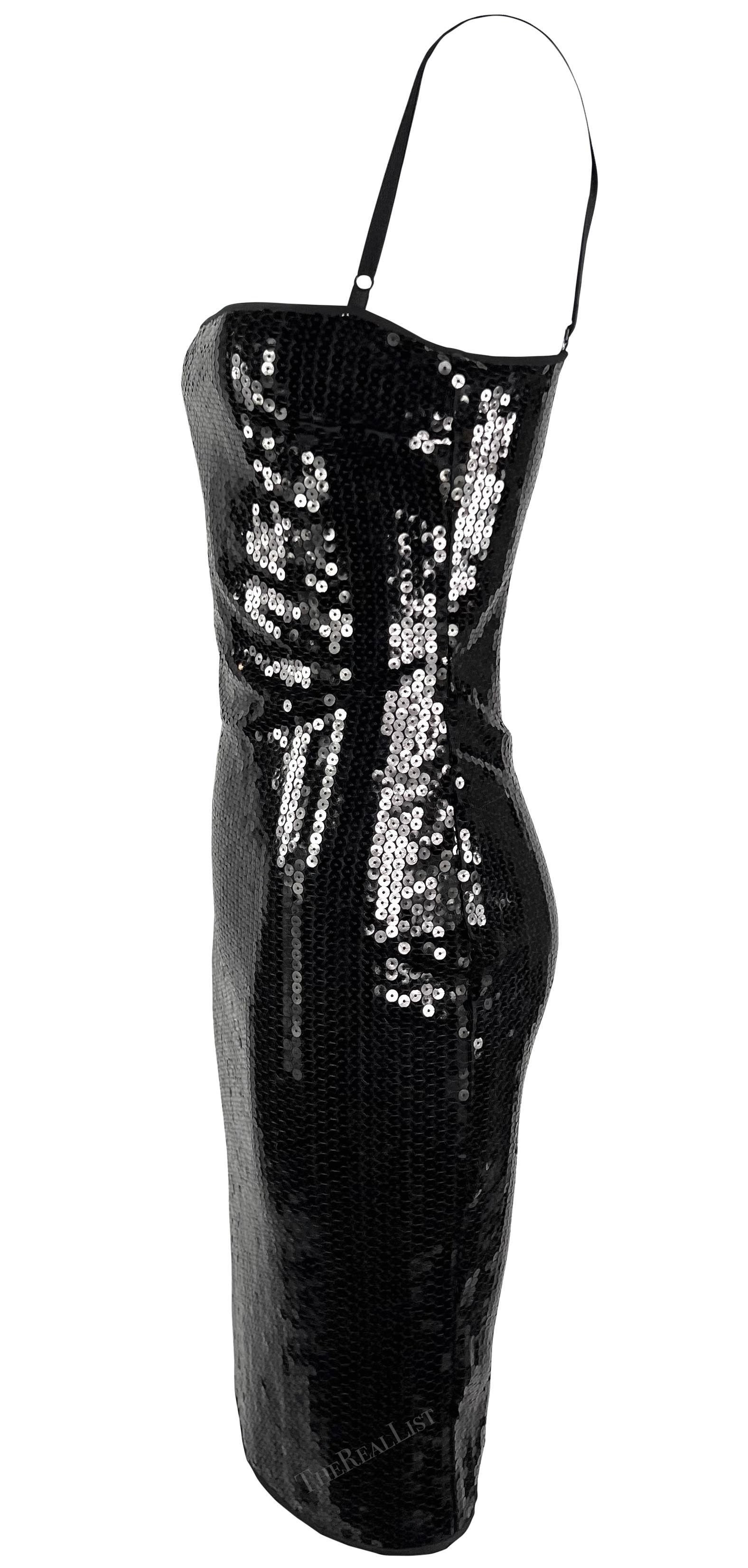 Women's 2000s Dolce & Gabbana Black Sequin Bra Strap Pin-Up Satin Trim Bodycon Dress For Sale