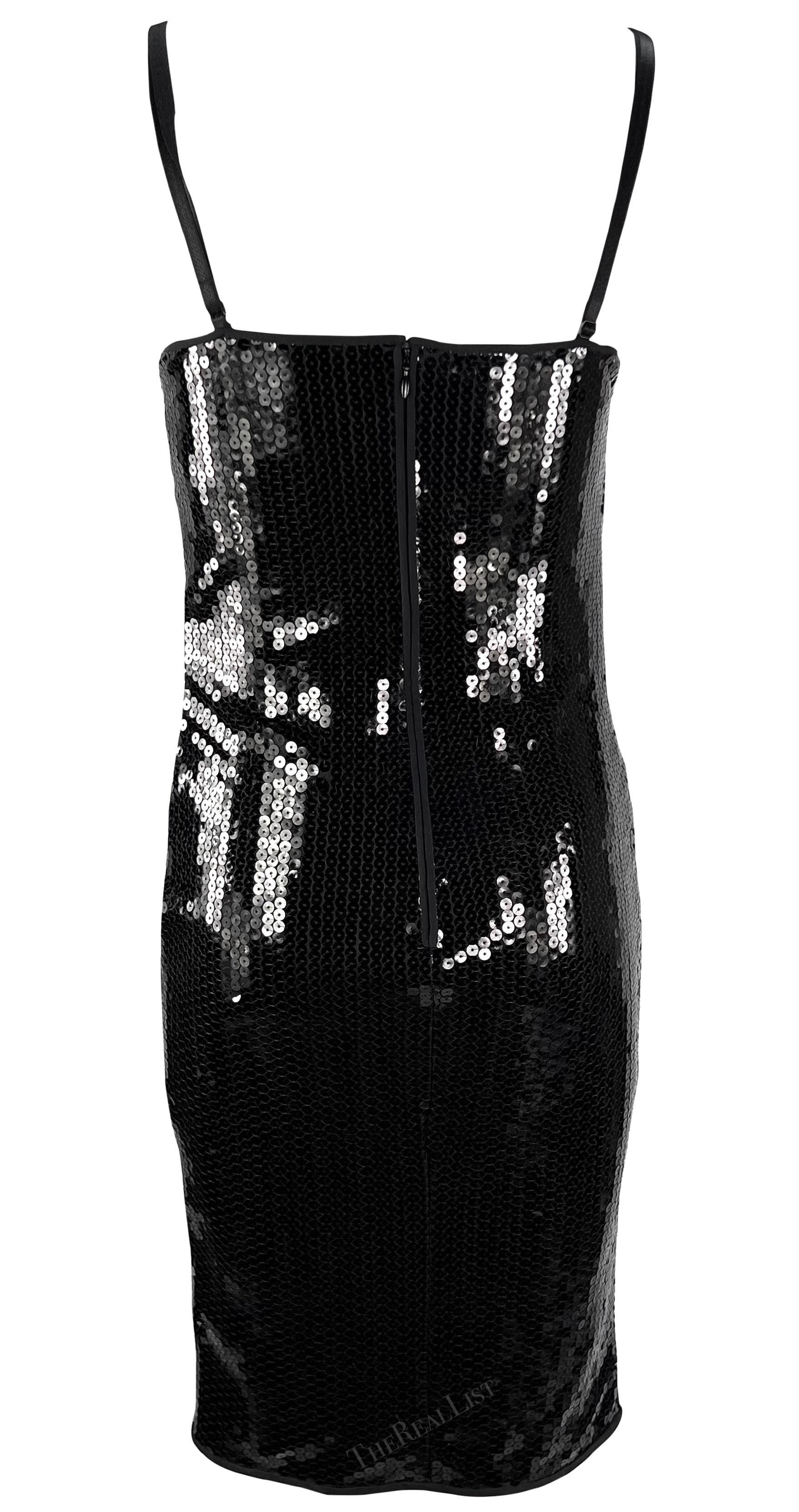 2000er Dolce & Gabbana Schwarzer Pailletten-BH-Träger Pin-Up Bodycon-Kleid mit Satinbesatz im Angebot 1