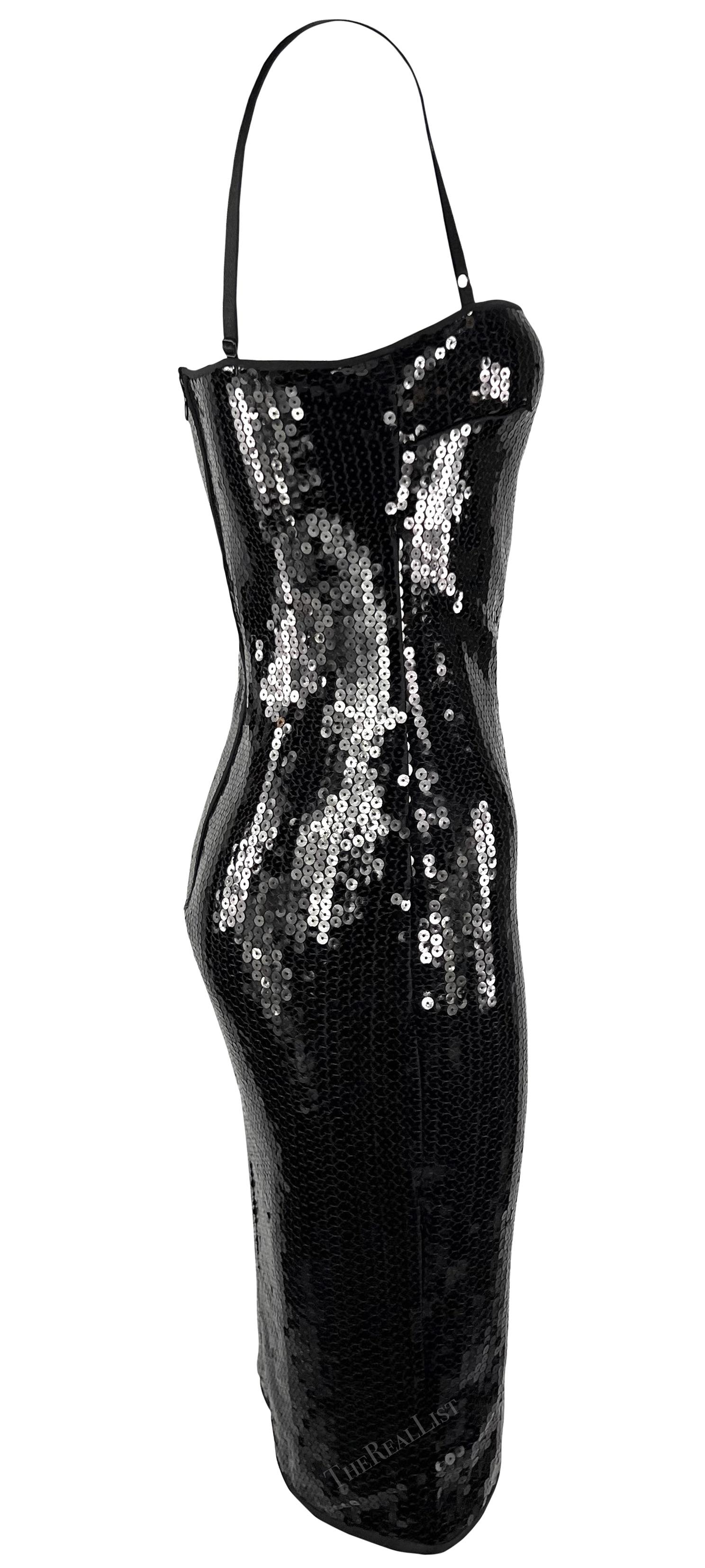 2000s Dolce & Gabbana Black Sequin Bra Strap Pin-Up Satin Trim Bodycon Dress For Sale 2