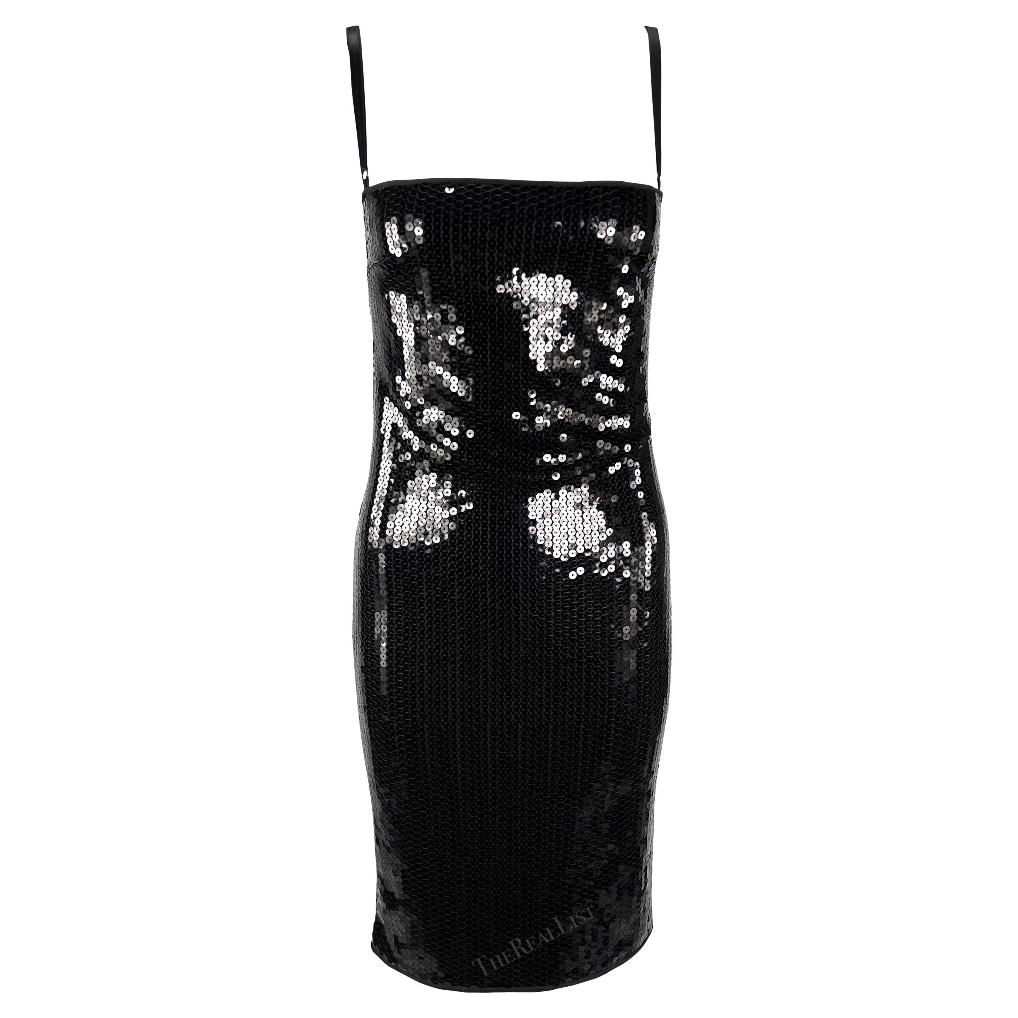 2000s Dolce & Gabbana Black Sequin Bra Strap Pin-Up Satin Trim Bodycon Dress For Sale