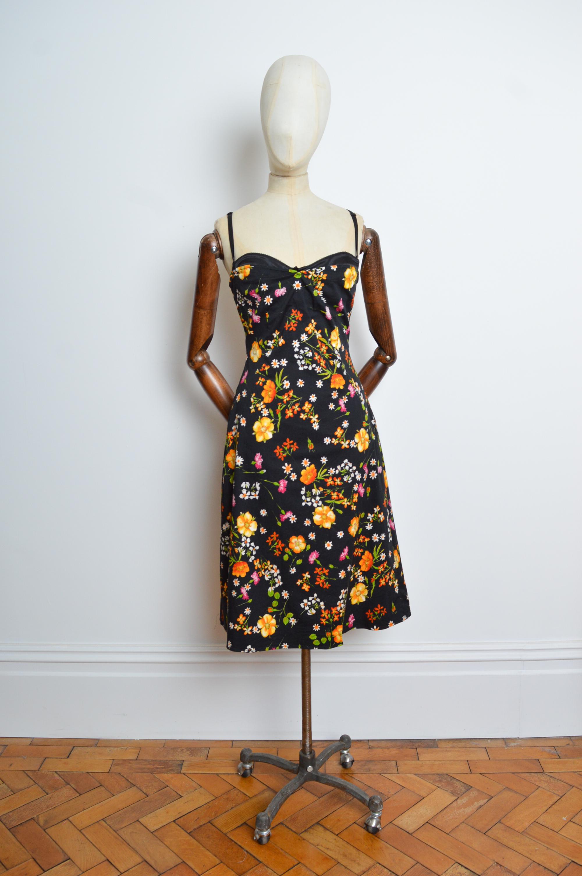 2000s Dolce & Gabbana Black strappy bustier dress with orange flowers print For Sale 6