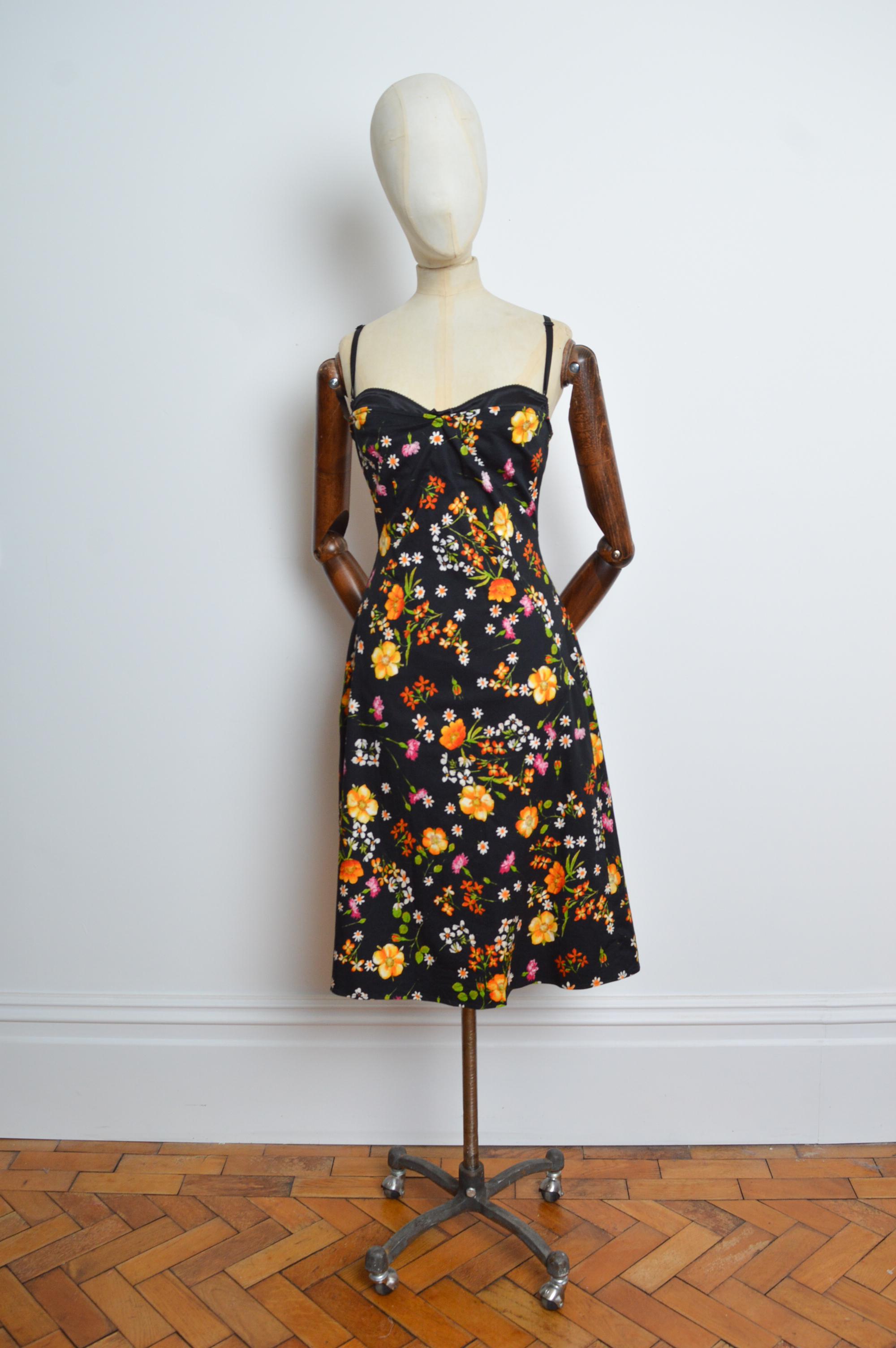 2000s Dolce & Gabbana Black strappy bustier dress with orange flowers print For Sale 1