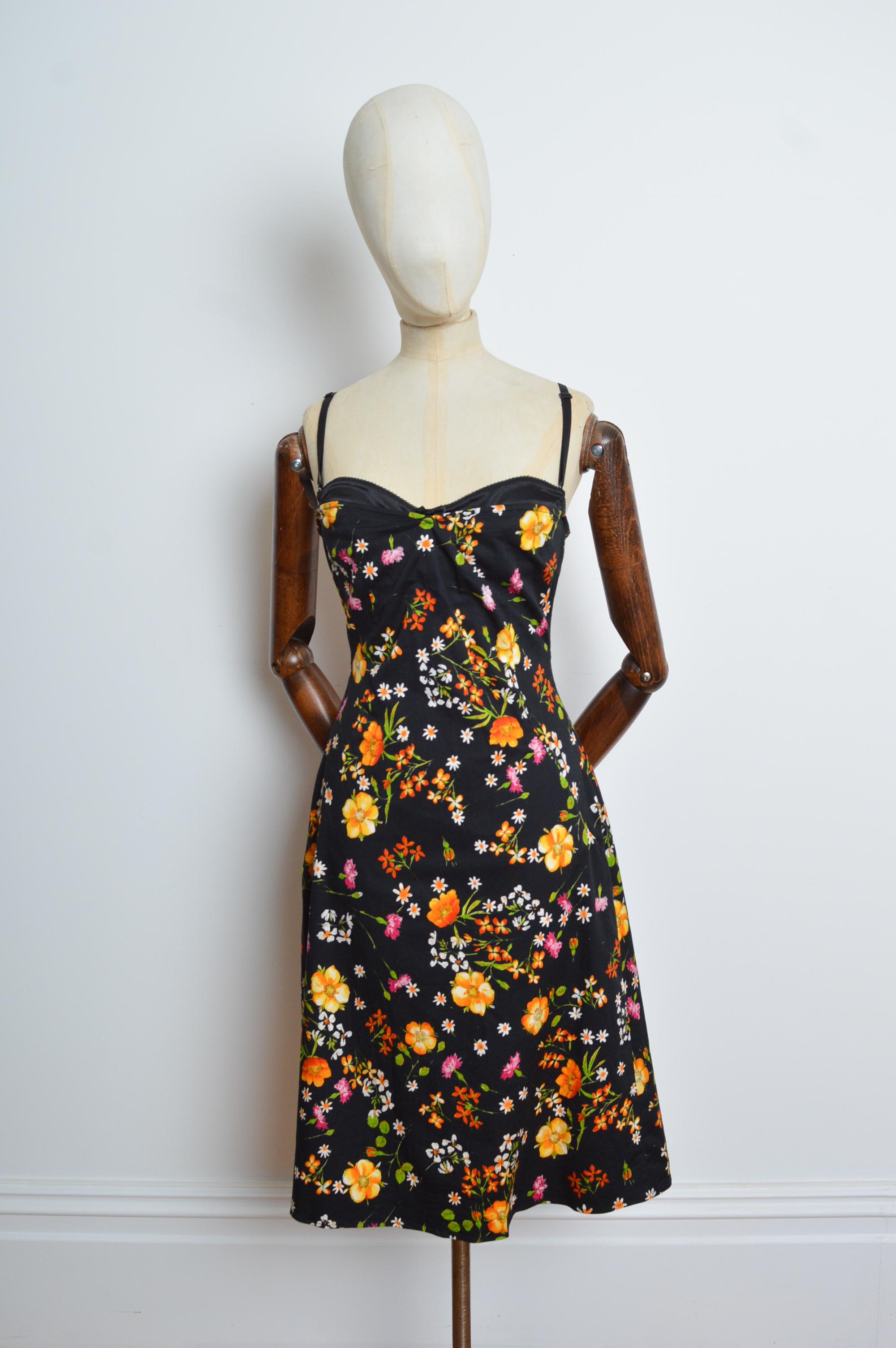 2000s Dolce & Gabbana Black strappy bustier dress with orange flowers print For Sale 5
