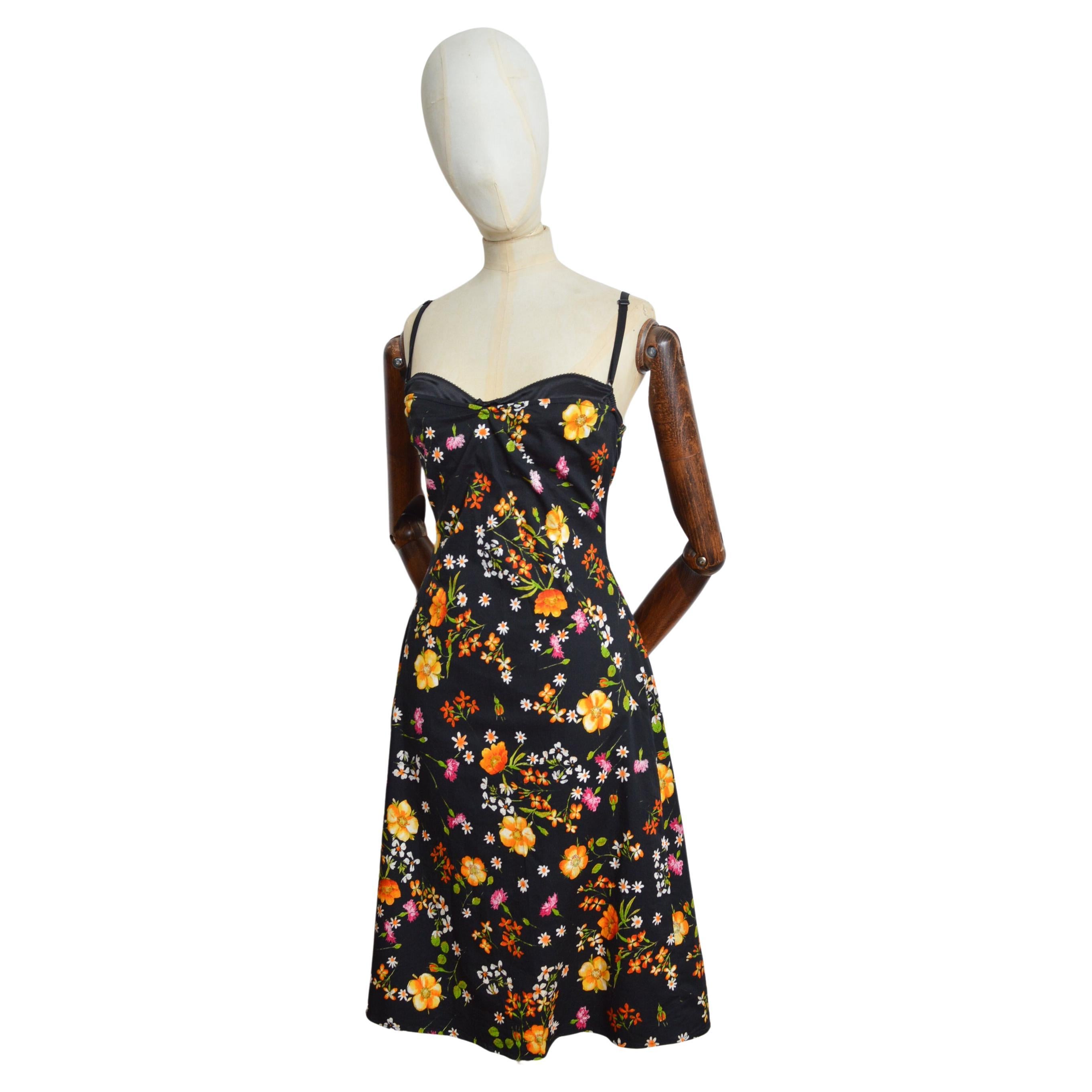 2000s Dolce & Gabbana Black strappy bustier dress with orange flowers print For Sale
