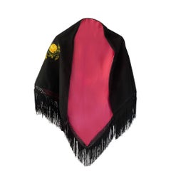 2000s Dolce & Gabbana Black Wool Yellow Rose Embroidered Fringed Shawl