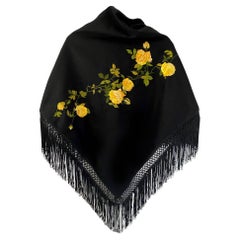 2000s Dolce & Gabbana Black Wool Yellow Rose Embroidered Fringed Shawl