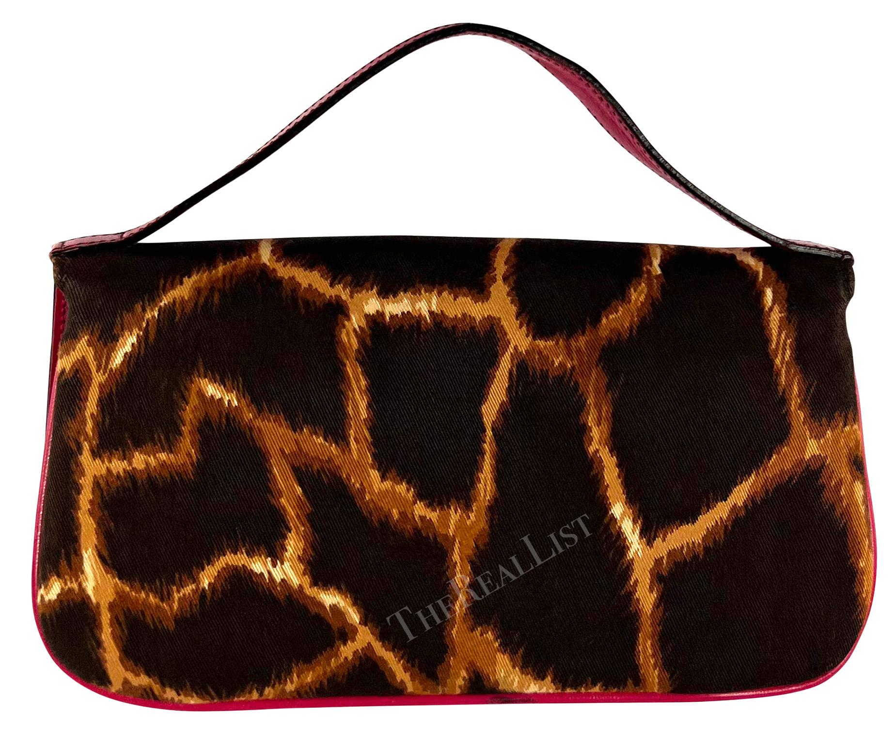 2000s Dolce & Gabbana Brown Animal Print Hot Pink Leather Top Strap Clutch Bag For Sale 1