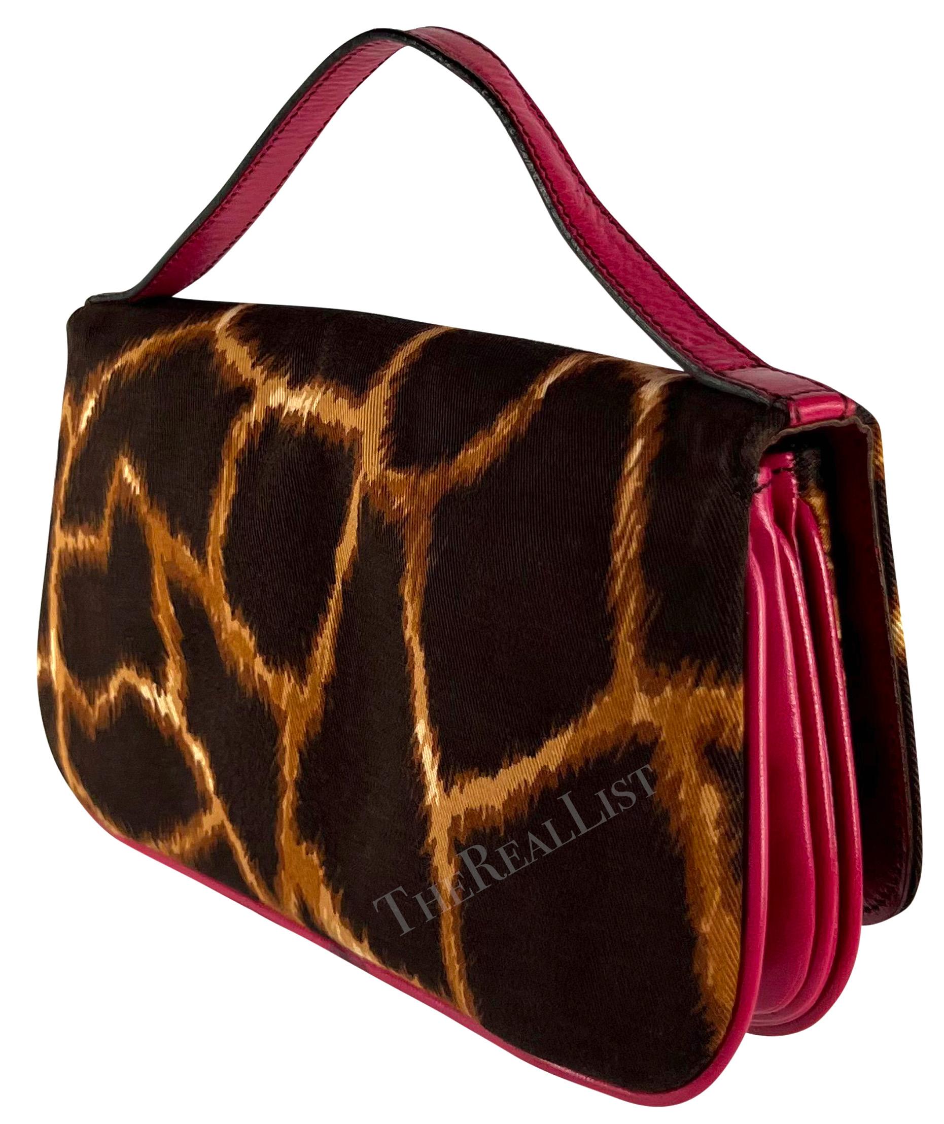 2000s Dolce & Gabbana Brown Animal Print Hot Pink Leather Top Strap Clutch Bag For Sale 2