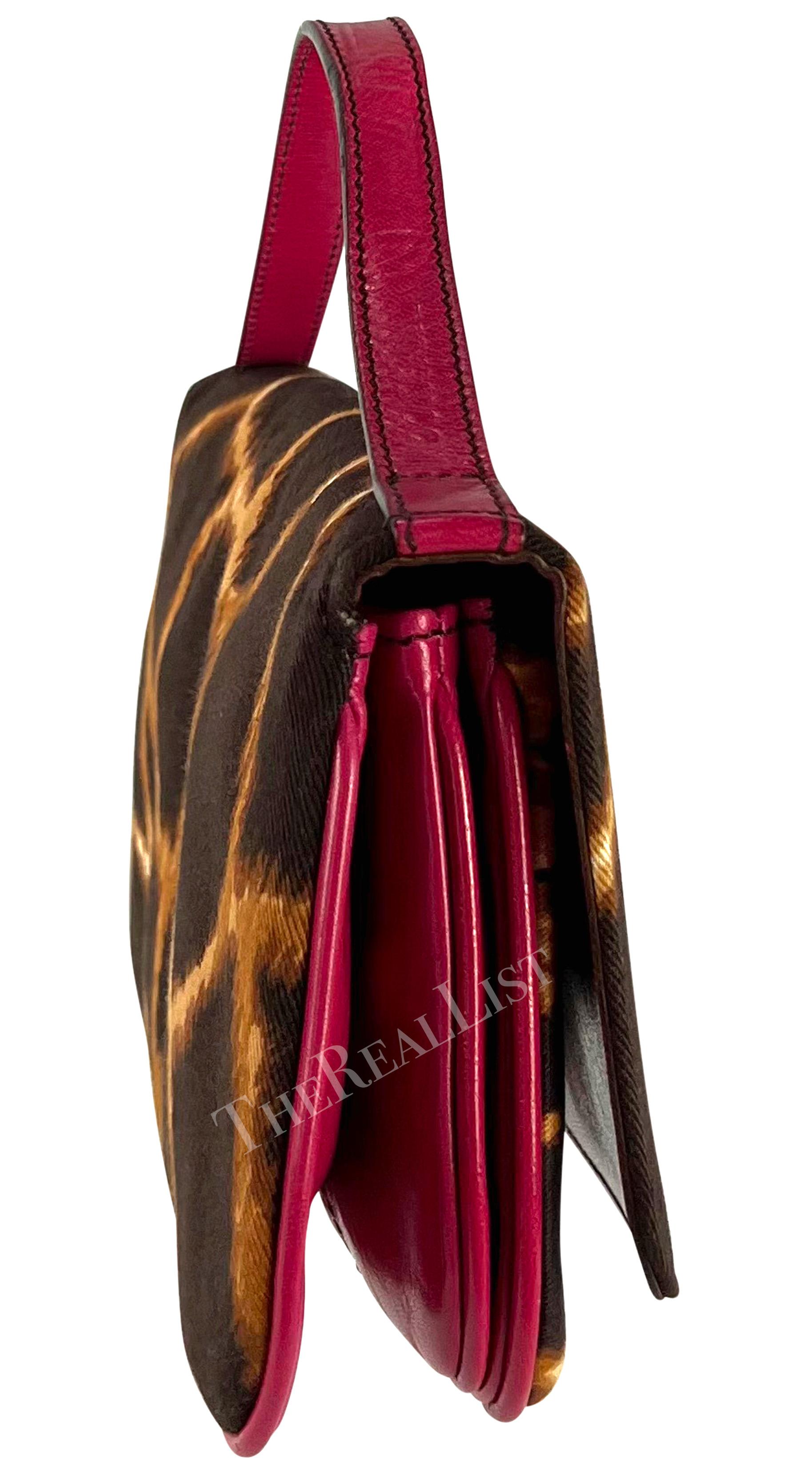 2000s Dolce & Gabbana Brown Animal Print Hot Pink Leather Top Strap Clutch Bag For Sale 3