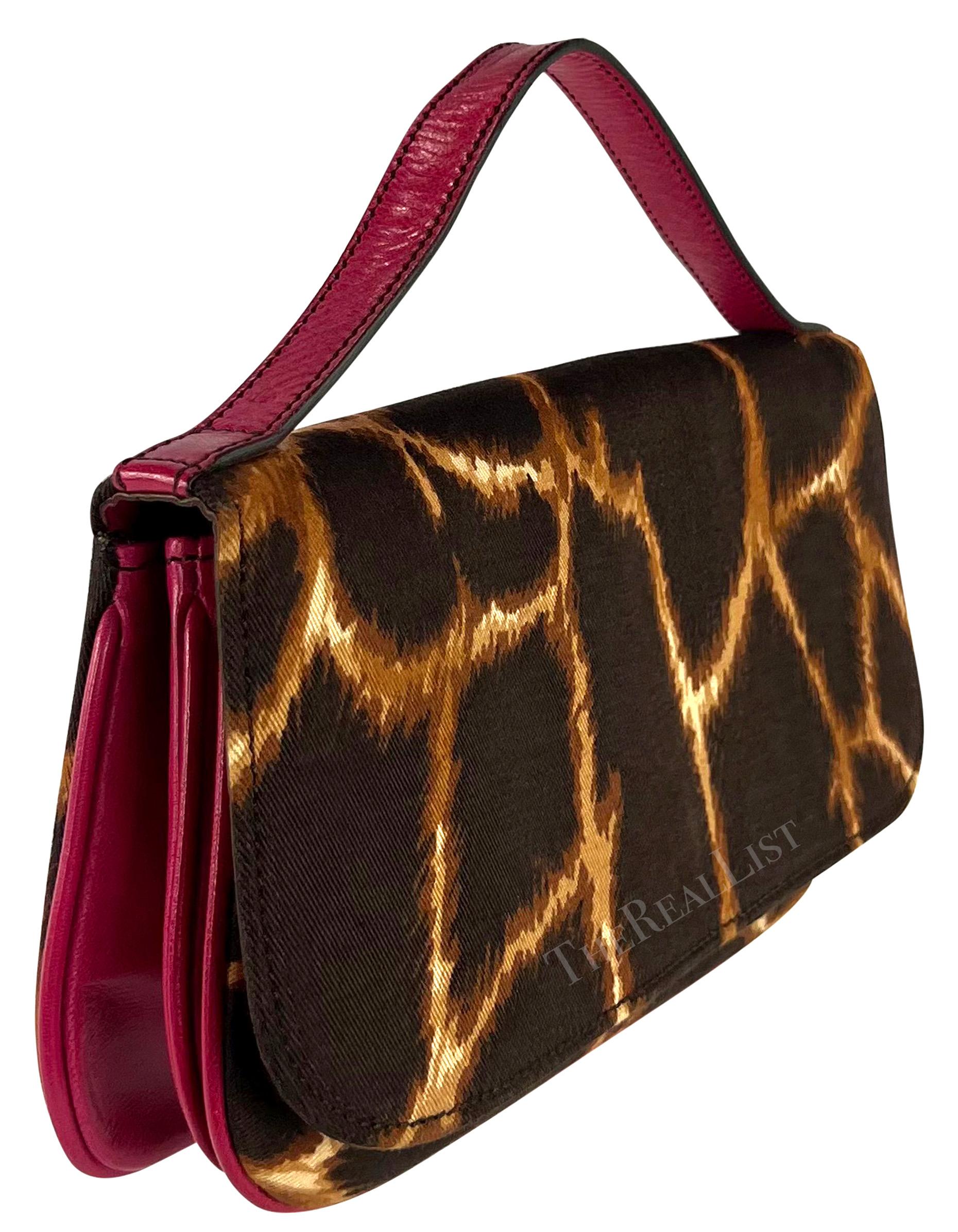 2000s Dolce & Gabbana Brown Animal Print Hot Pink Leather Top Strap Clutch Bag For Sale 4